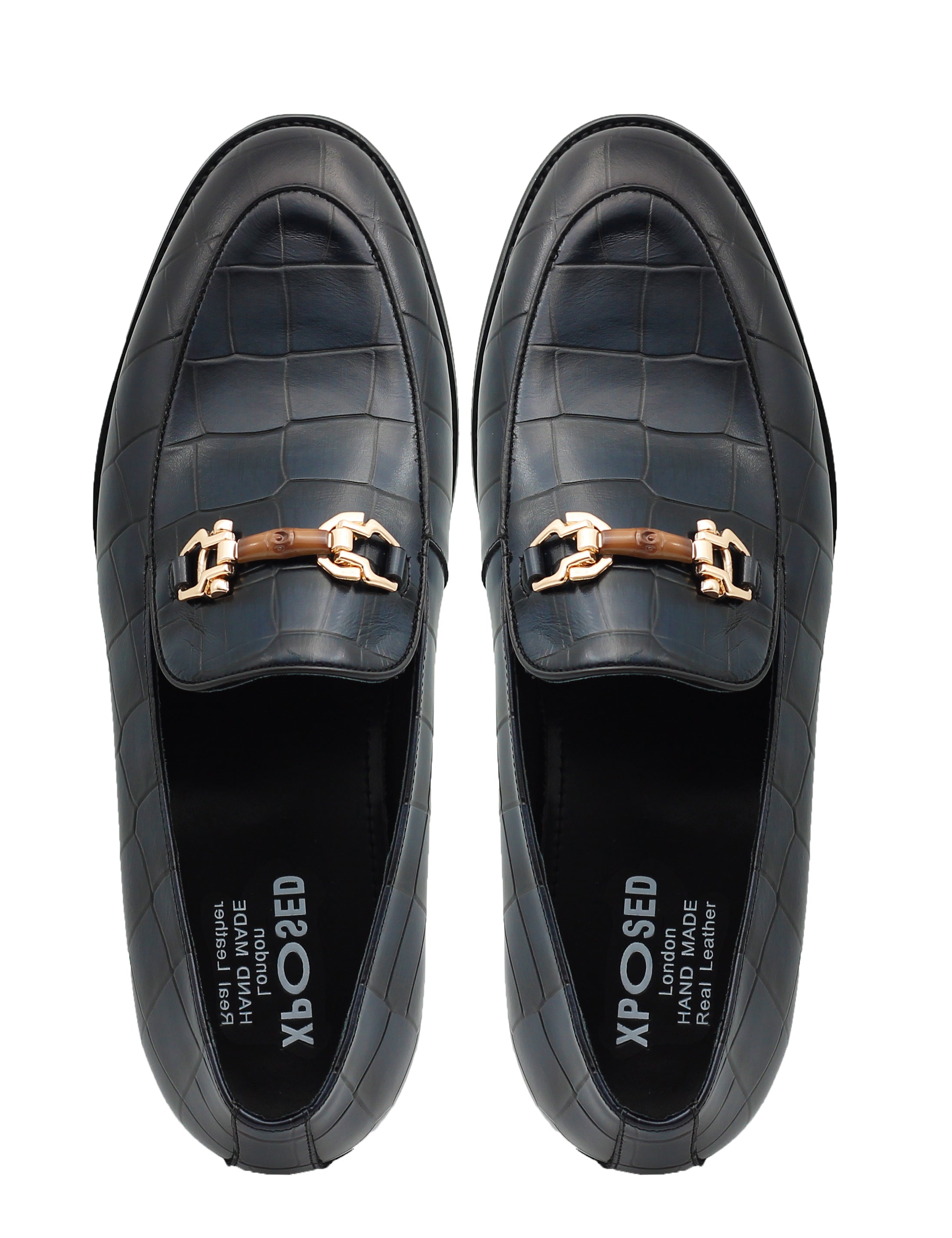 NAVY PRINTED GOLD BUCKLE LOAFERS