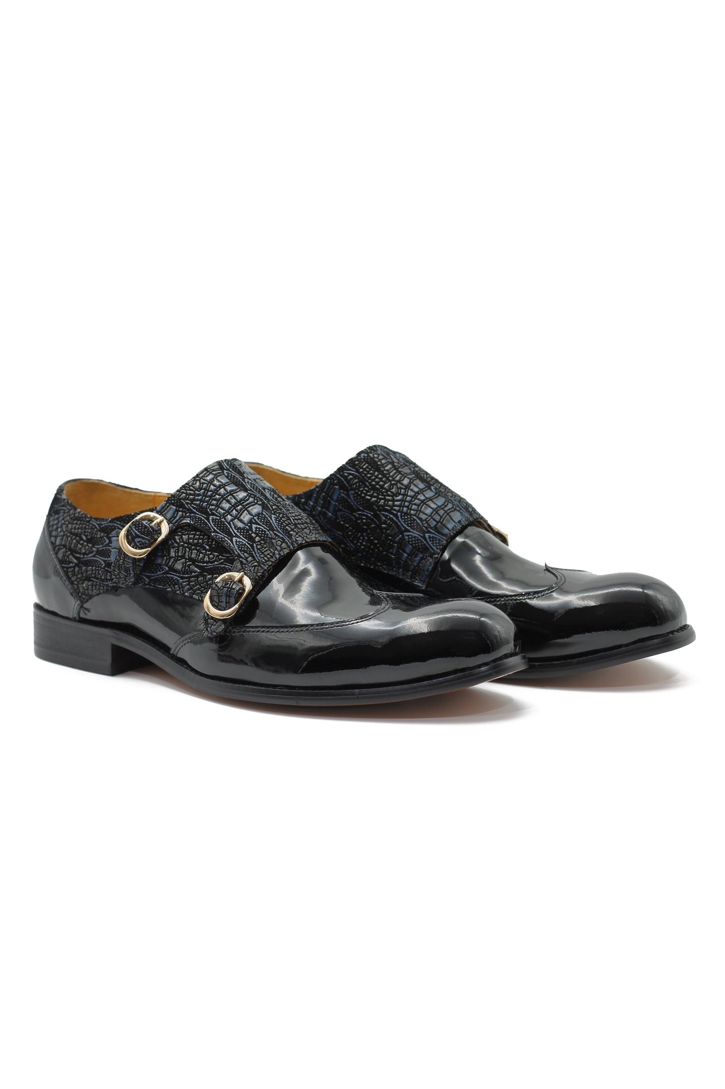 BLACK SHINY PRINTED DOUBLE MONK SHOES