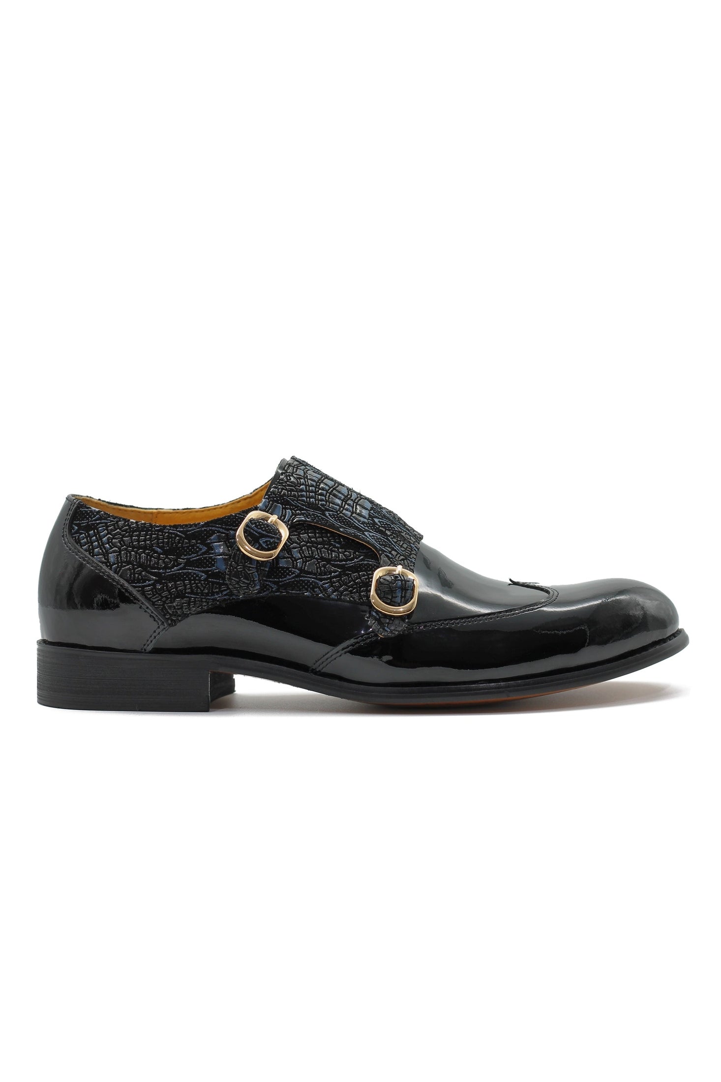 BLACK SHINY PRINTED DOUBLE MONK SHOES