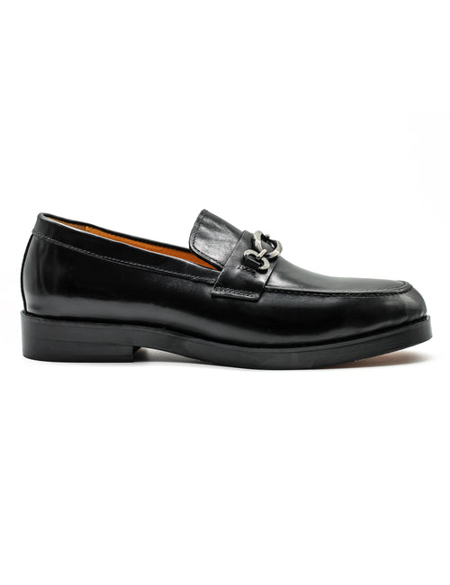 Black Leather Slip-on Loafers with Snaffle Buckle
