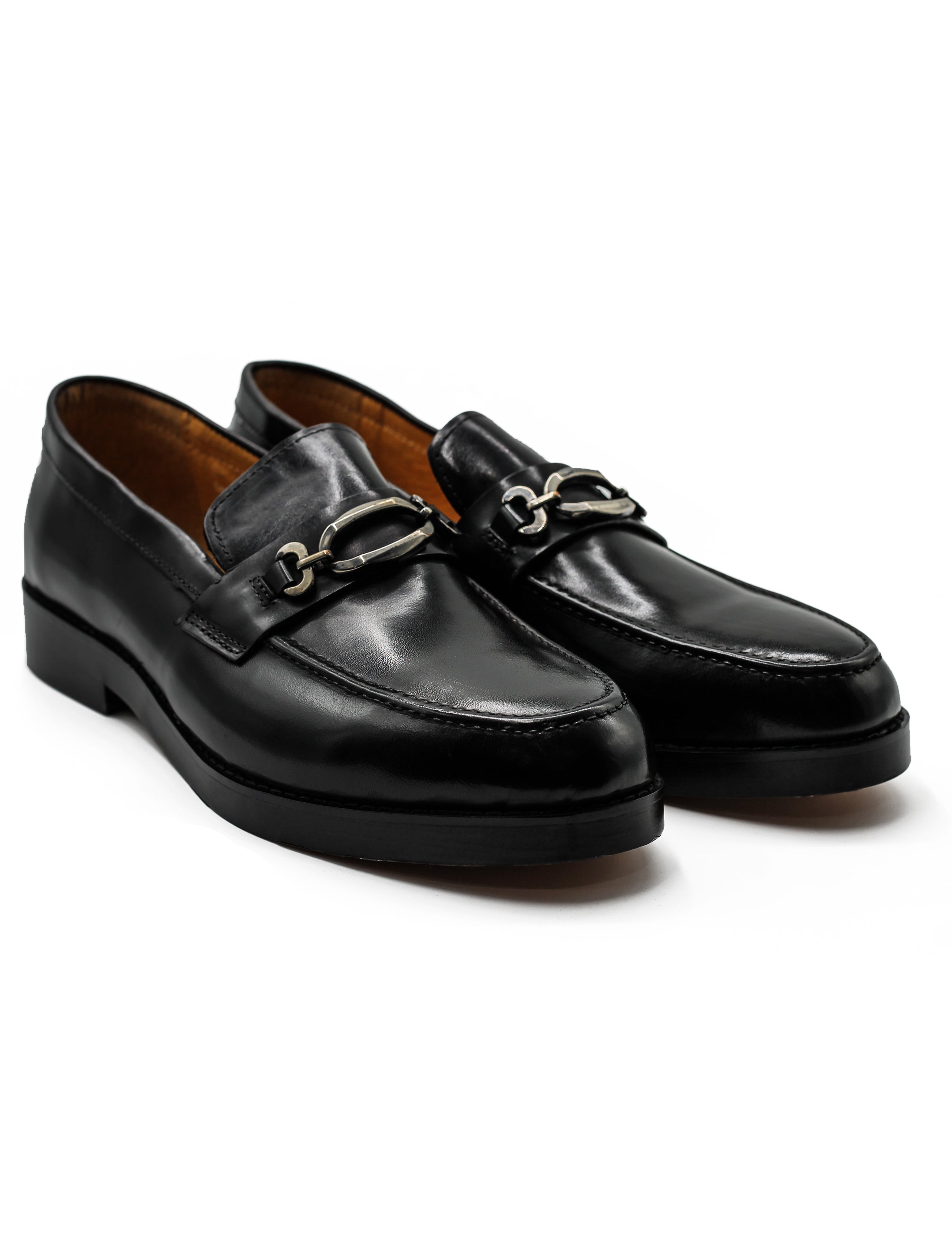 Black Leather Slip-on Loafers with Snaffle Buckle