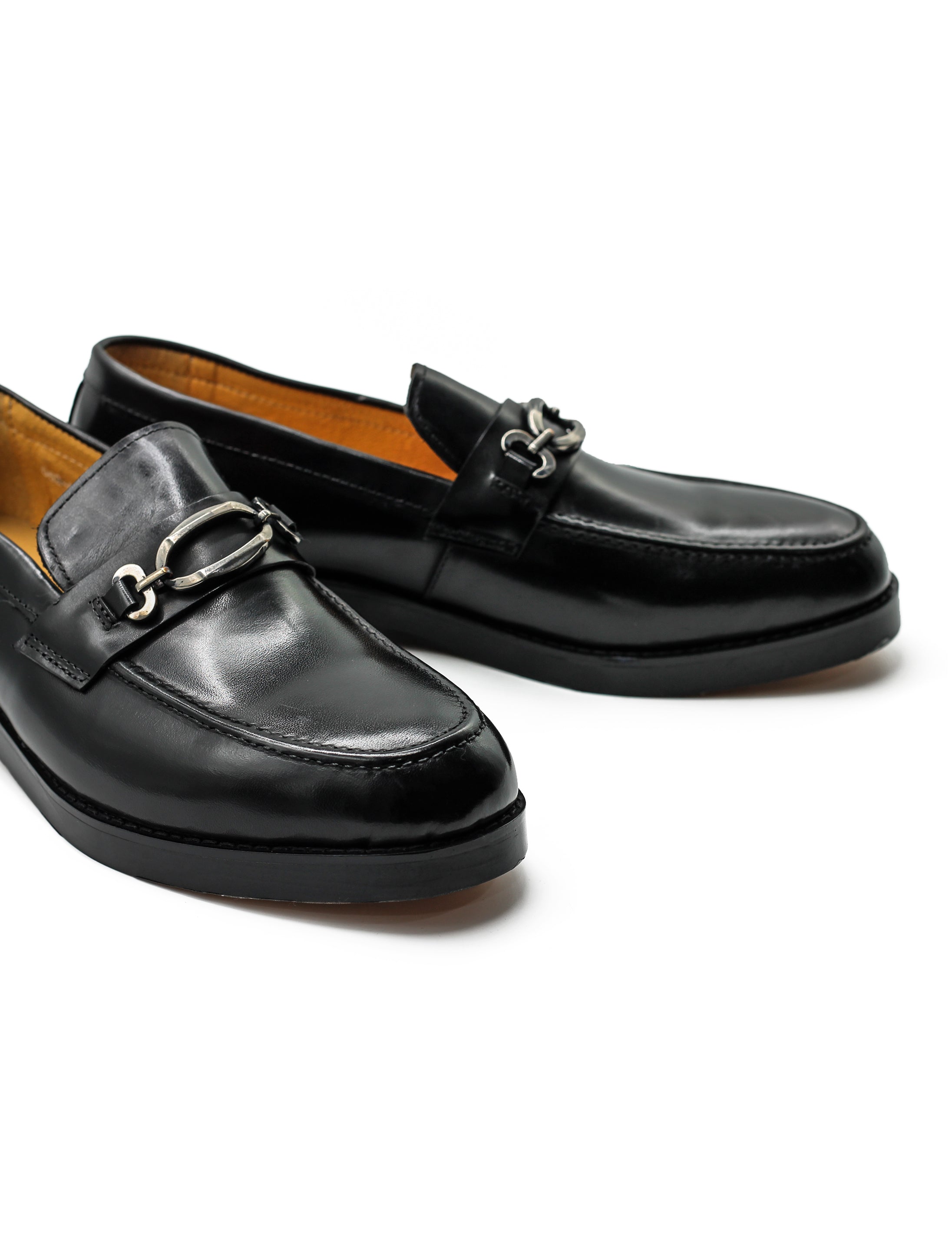 Black Leather Slip-on Loafers with Snaffle Buckle