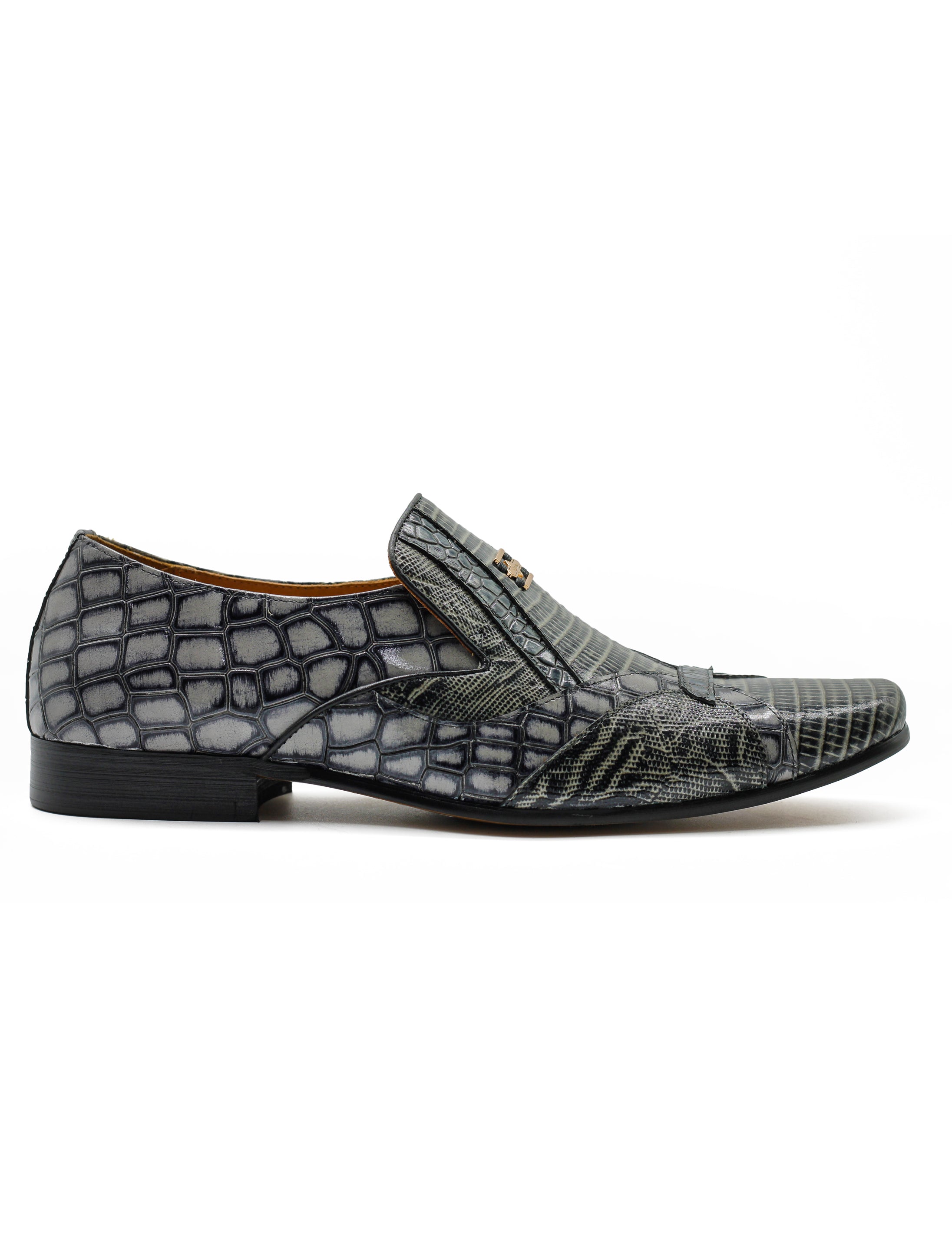 Shiny Printed Real Leather Shoes in Grey Black
