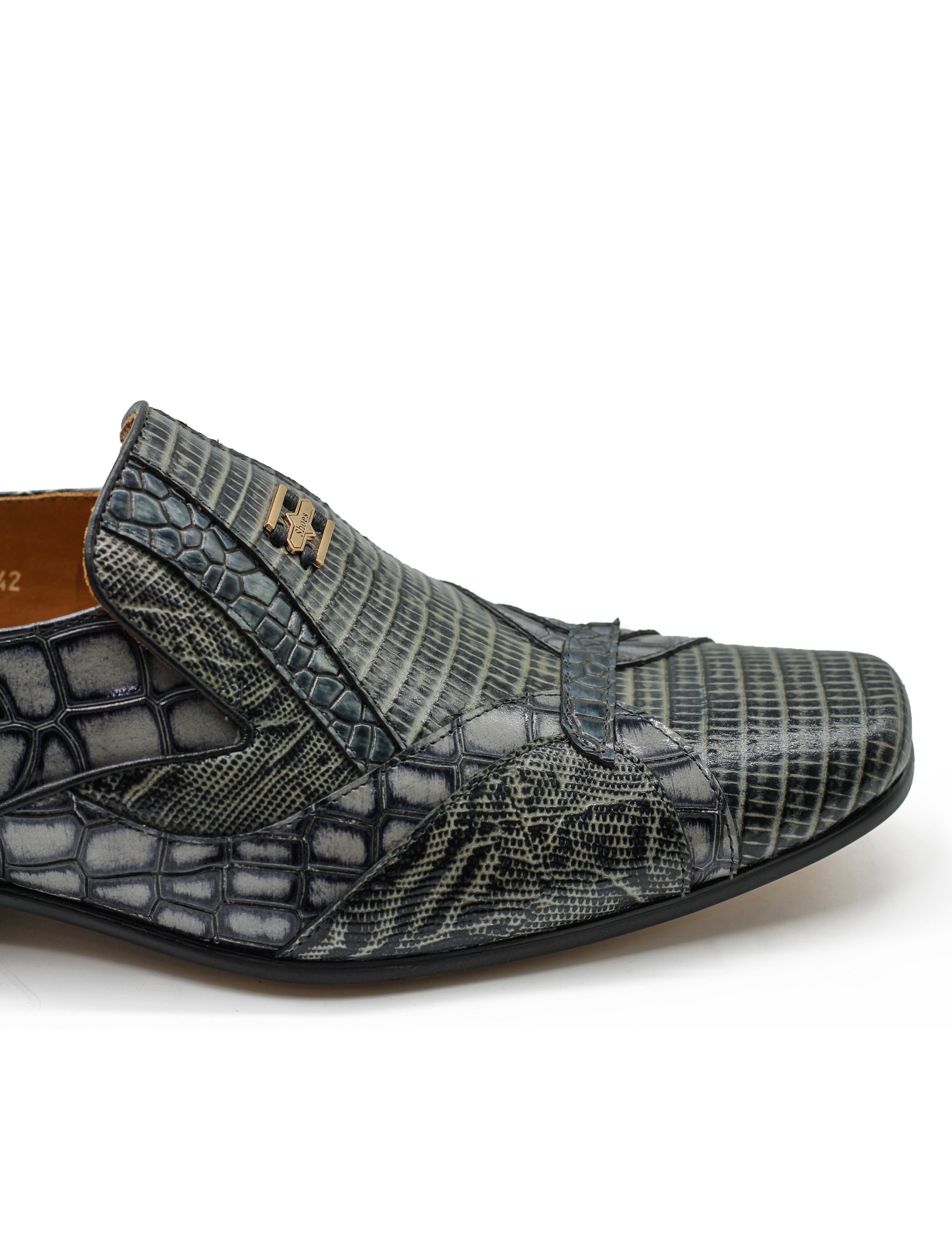 Shiny Printed Real Leather Shoes in Grey Black