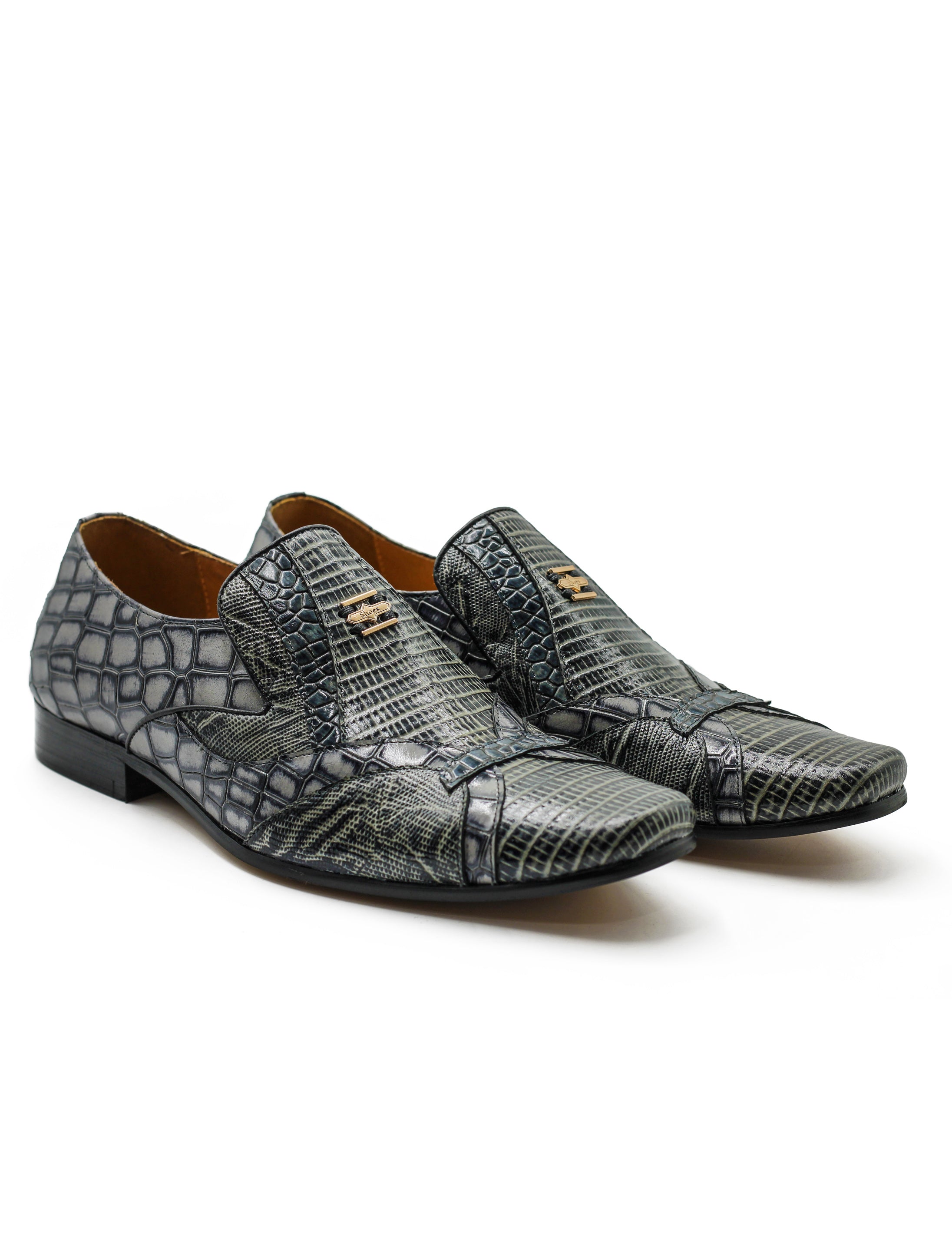Shiny Printed Real Leather Shoes in Grey Black