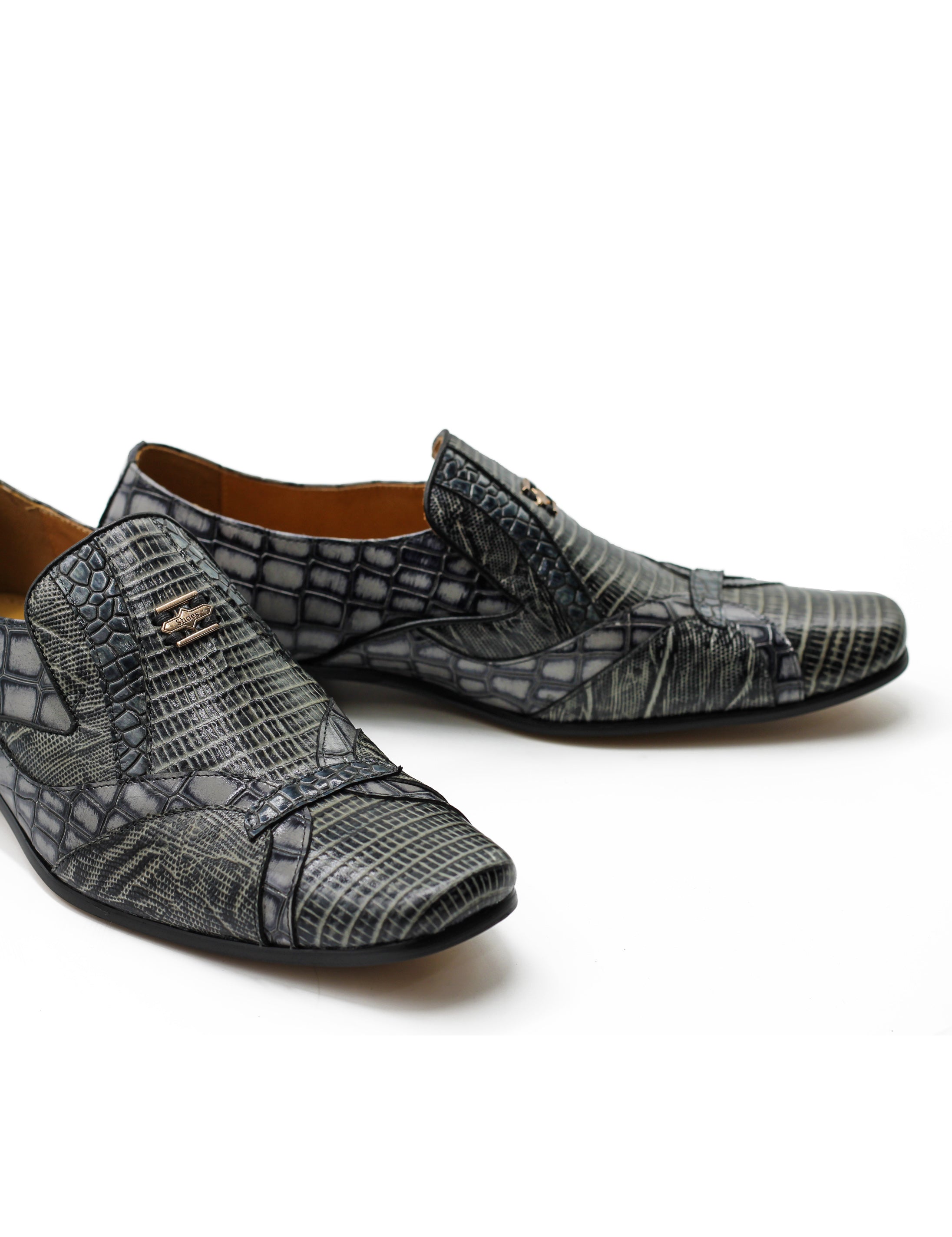 Shiny Printed Real Leather Shoes in Grey Black