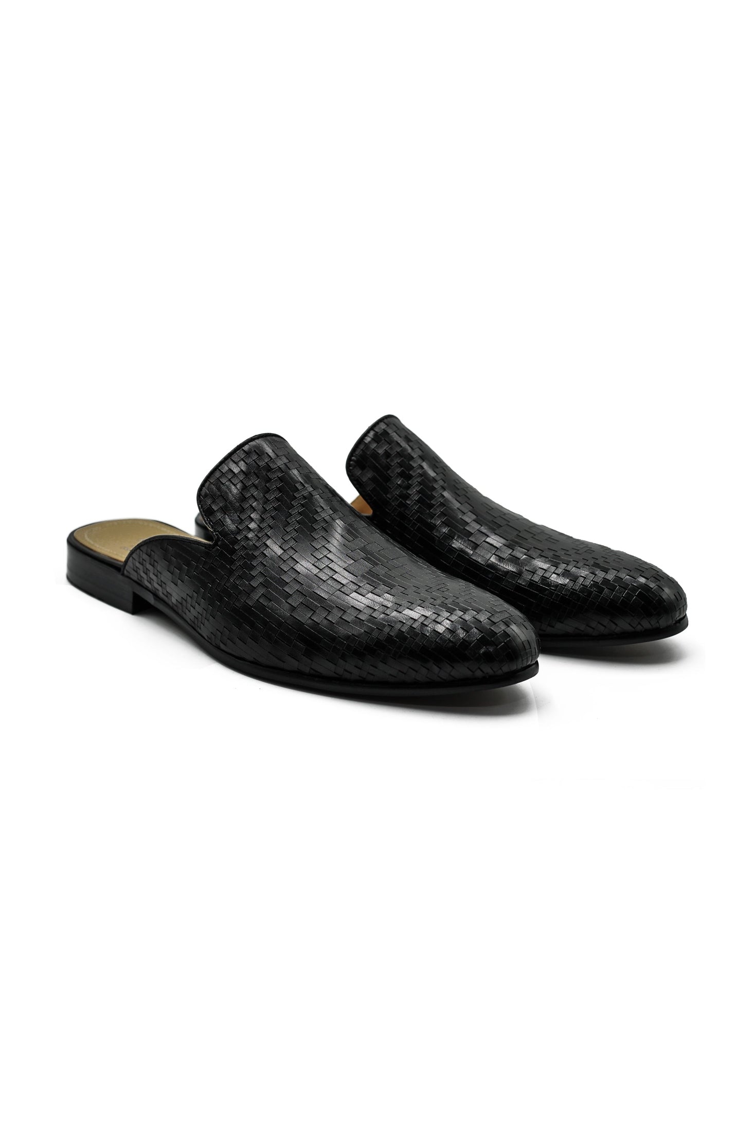 Black Woven Embossed Leather Half Mules