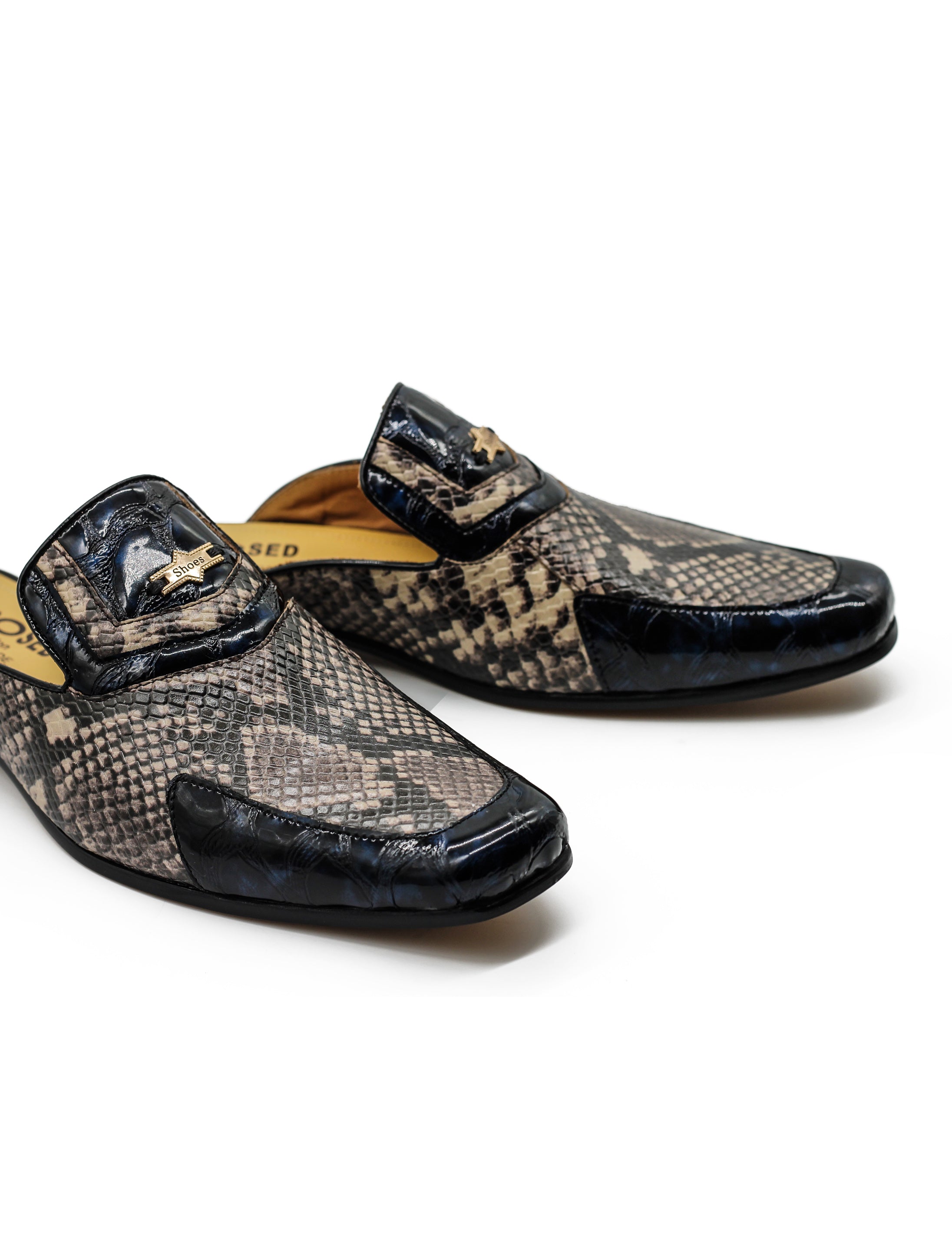 Real Leather Shiny Print Half Loafers – 2 Tone