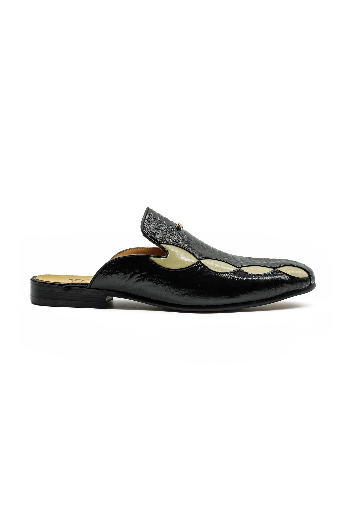 Black Cream Real Leather Half Shoes Detailed Printed