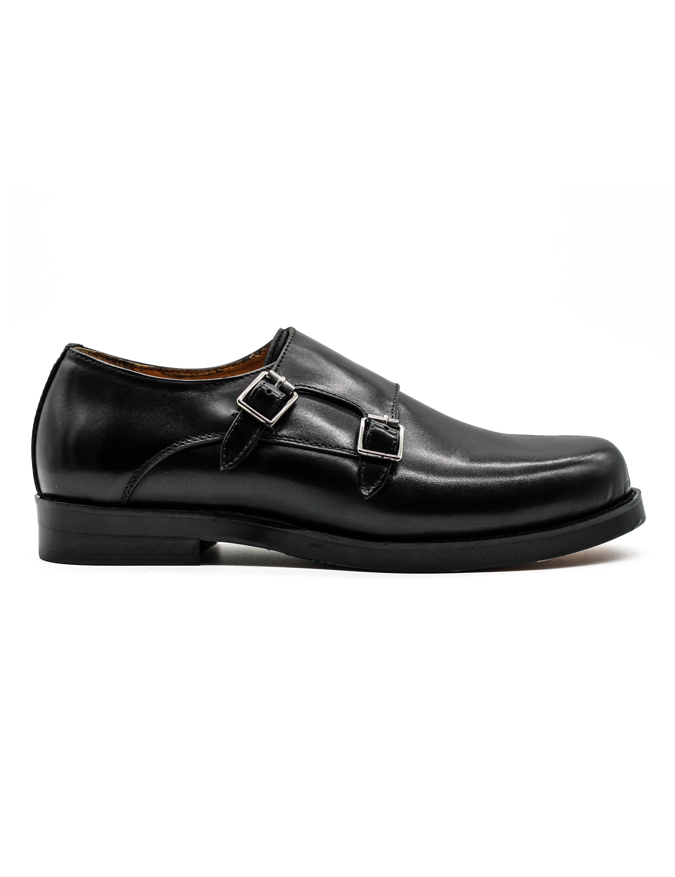 Mens Monk Shoes Retro Double Straps in Black Leather