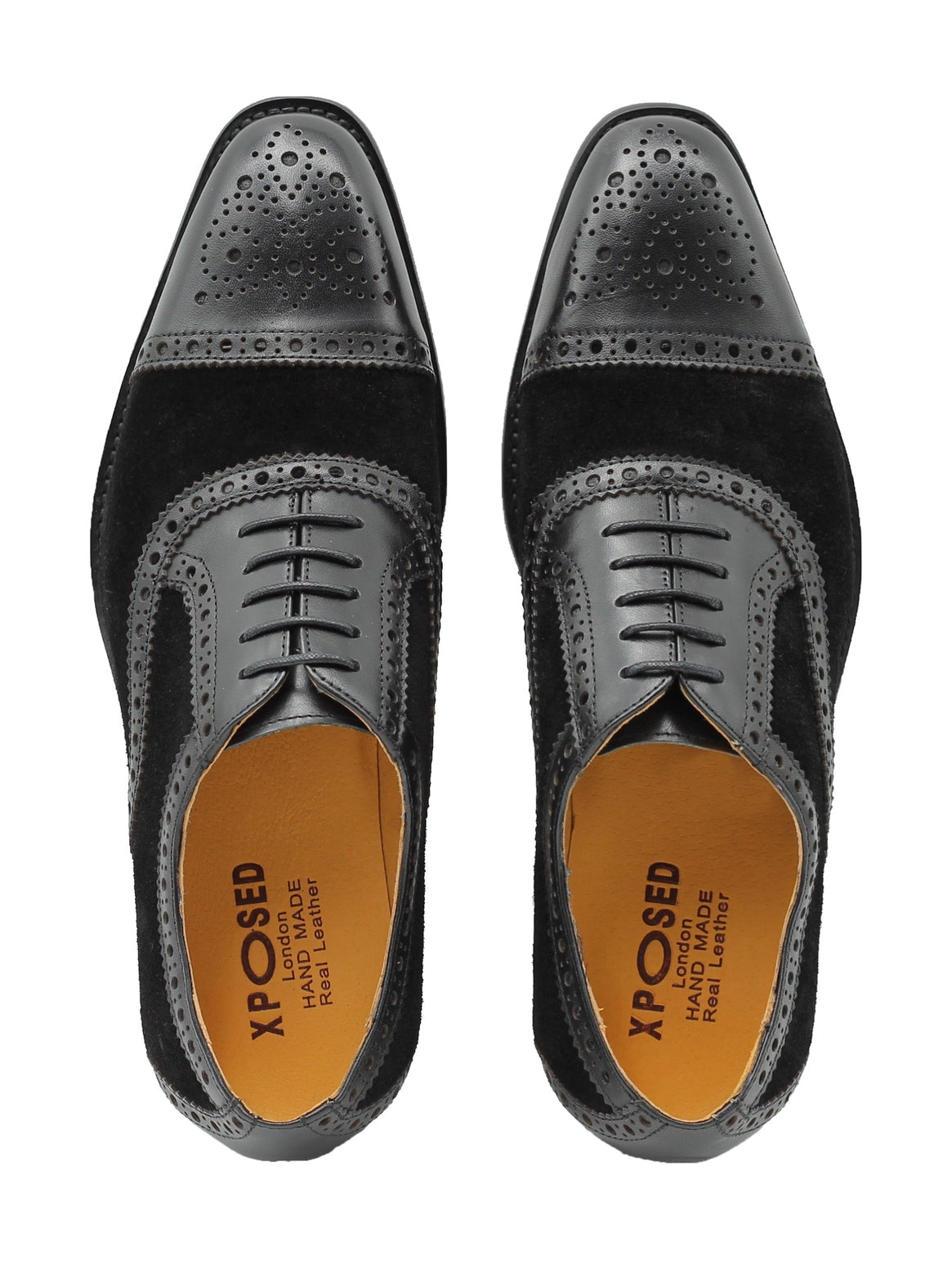 TWO TONE SPECTATOR BROGUES IN BLACK LEATHER & SUEDE