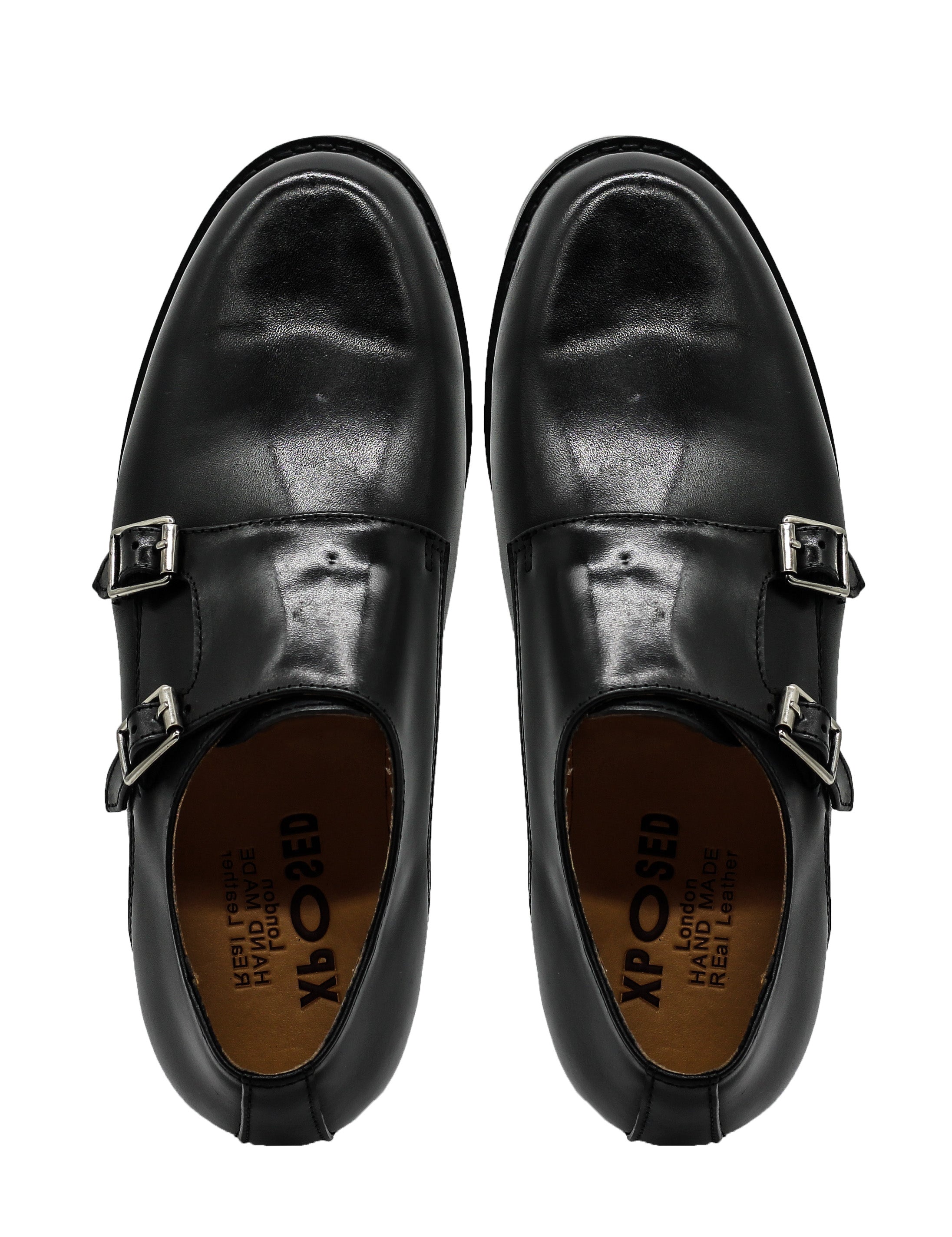Mens Monk Shoes Retro Double Straps in Black Leather