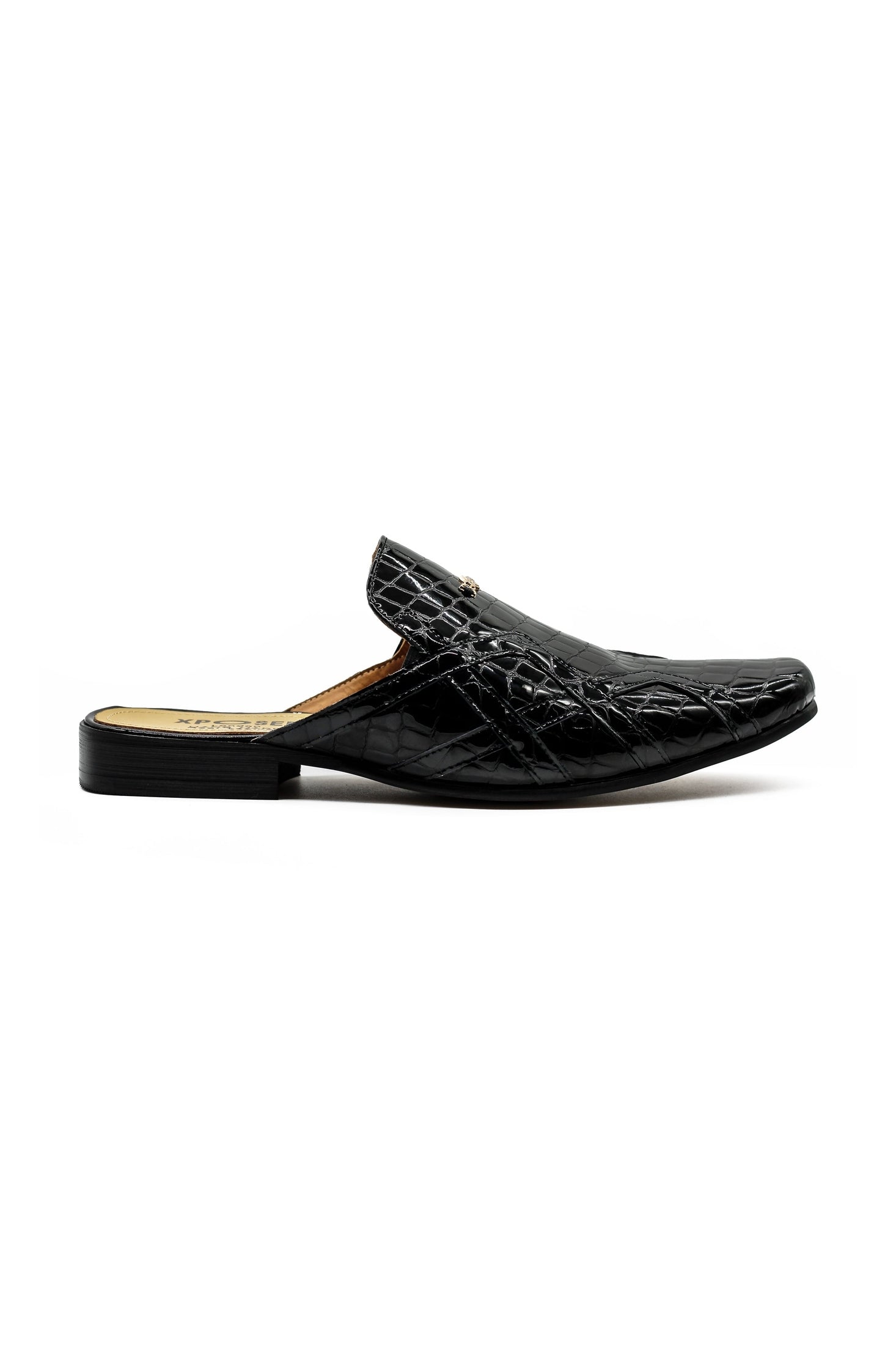 Black Shiny Patent Real Leather Printed Half Shoes