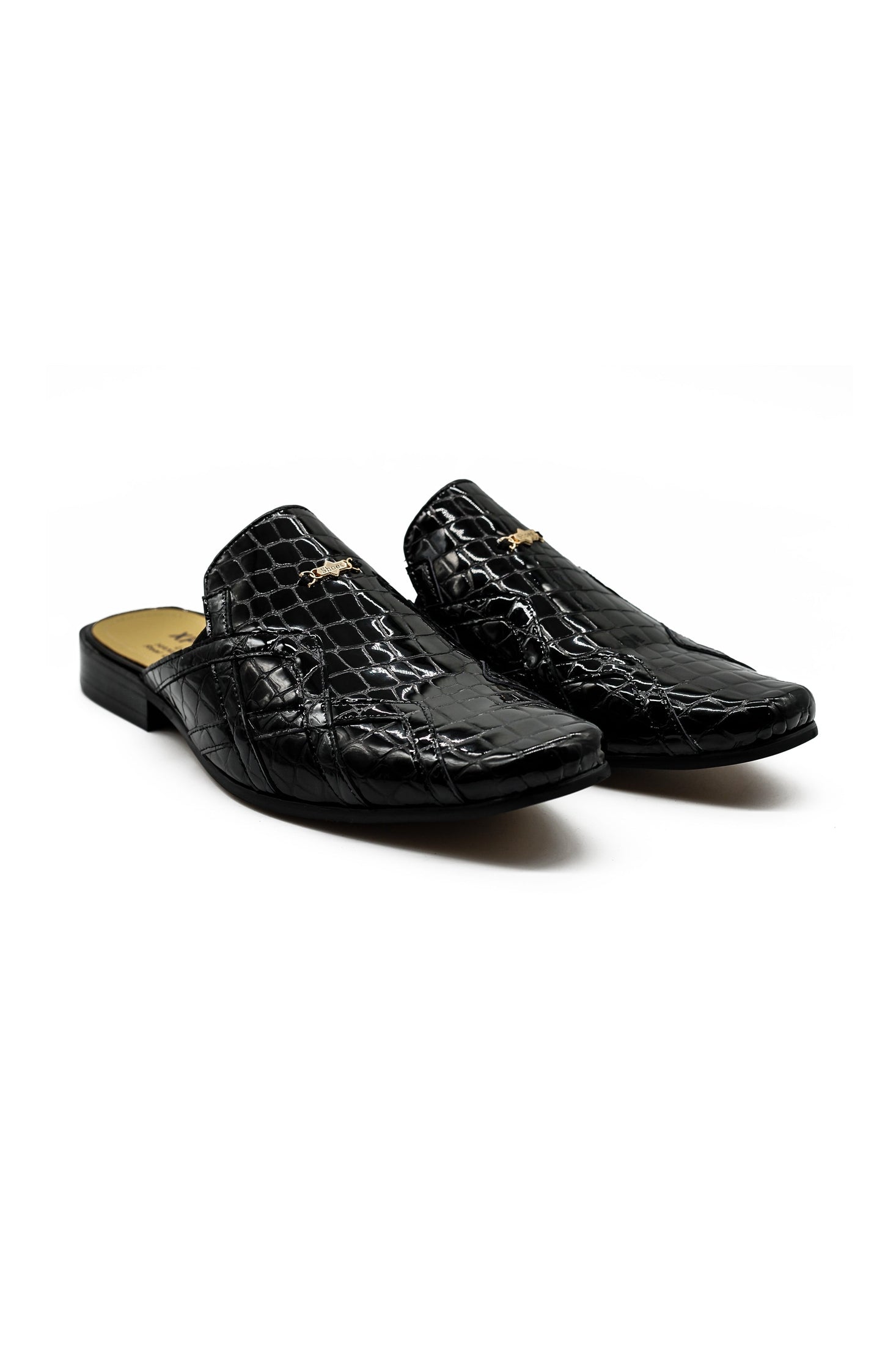 Black Shiny Patent Real Leather Printed Half Shoes