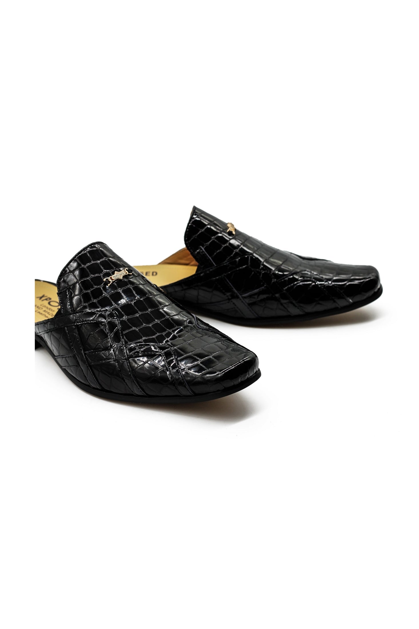 Black Shiny Patent Real Leather Printed Half Shoes