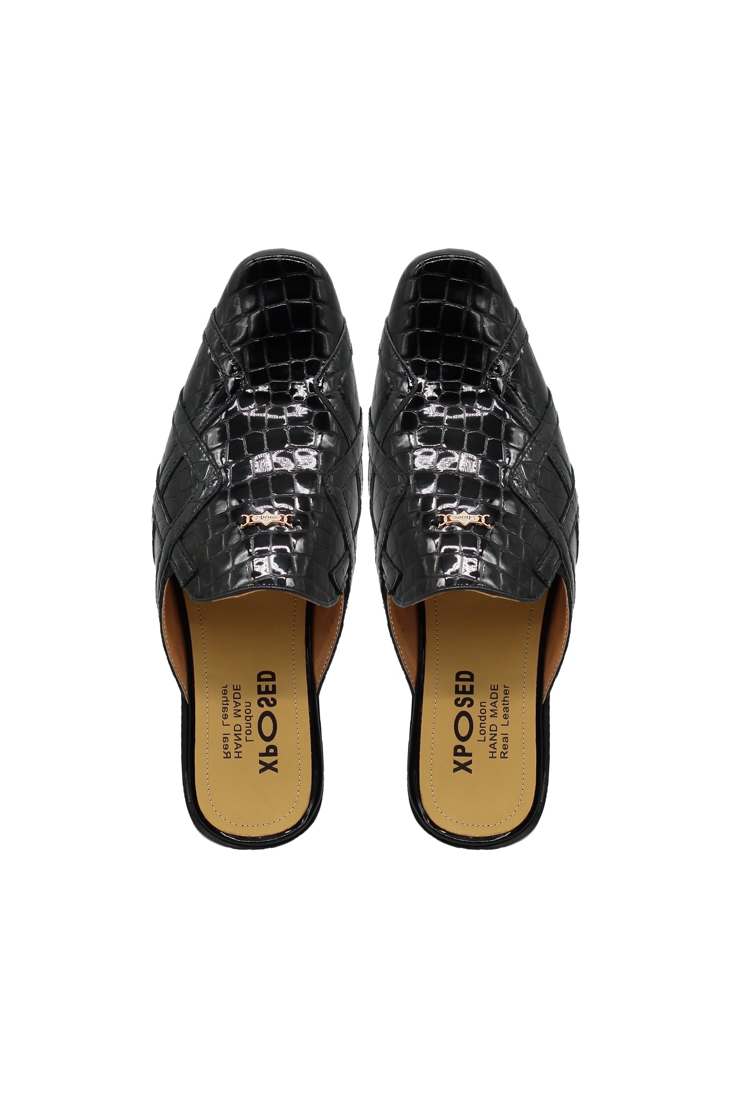Black Shiny Patent Real Leather Printed Half Shoes