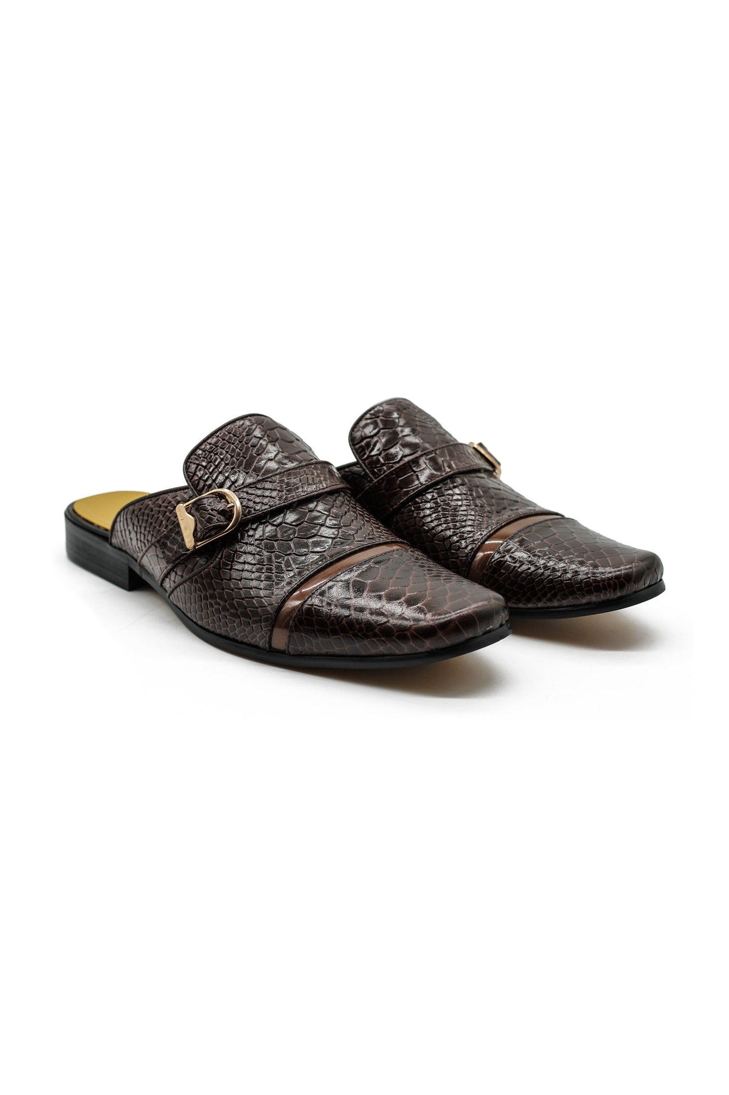 Brown Real Leather Shiny Print Half Shoes – Gold Buckle Detail