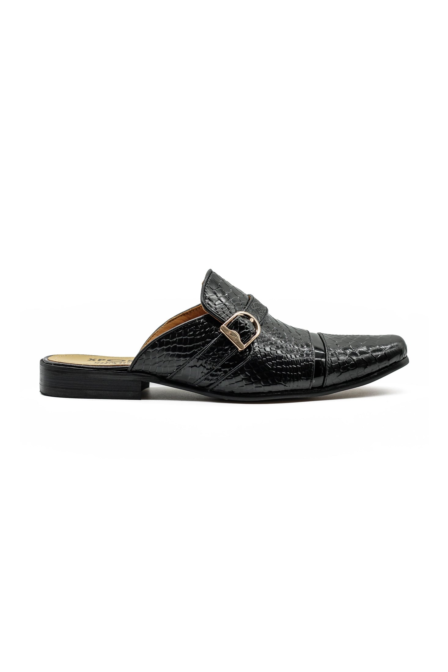 Black Real Leather Shiny Print Half Shoes – Gold Buckle Detail