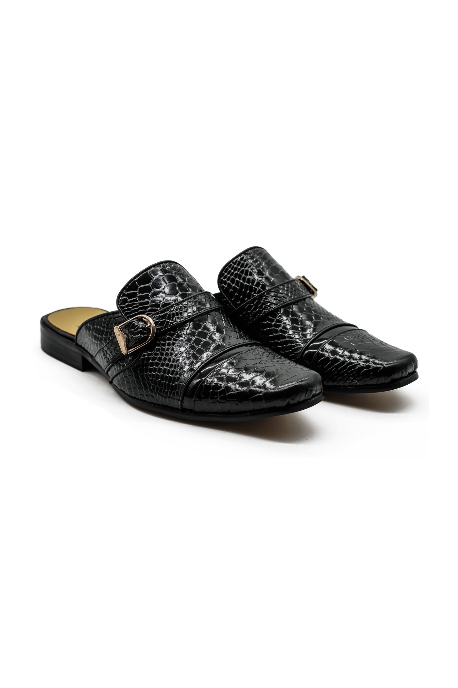 Black Real Leather Shiny Print Half Shoes – Gold Buckle Detail