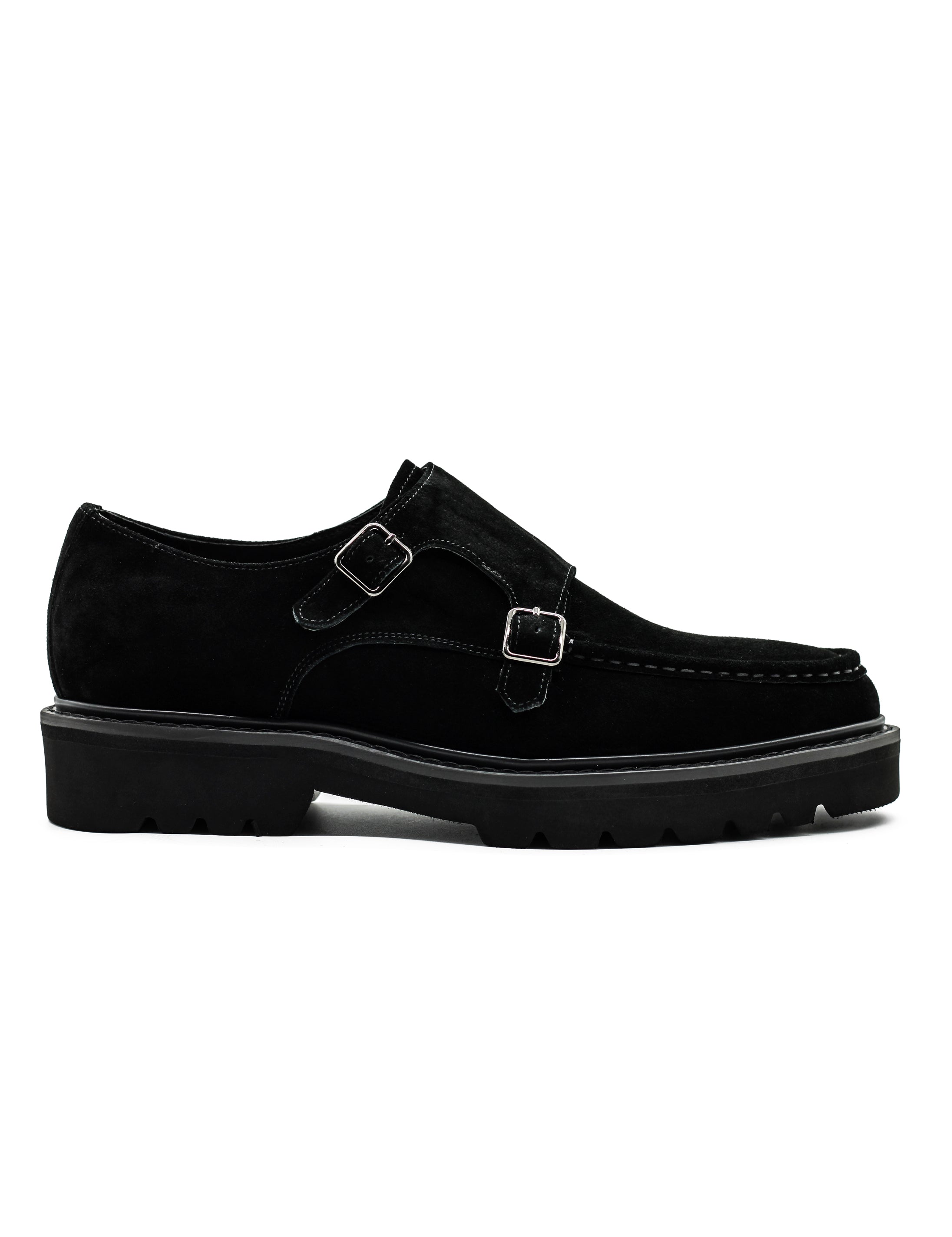 Double Buckle Suede Monk Shoes in Black