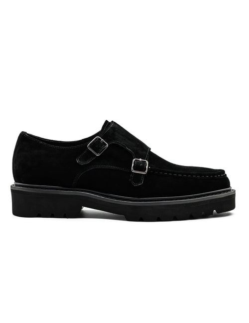 Double Buckle Suede Monk Shoes in Black