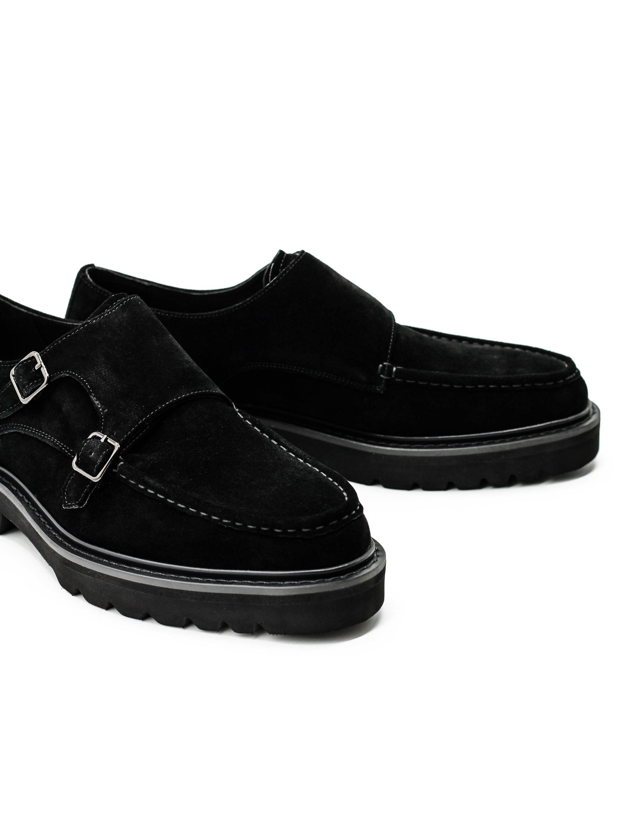 Double Buckle Suede Monk Shoes in Black