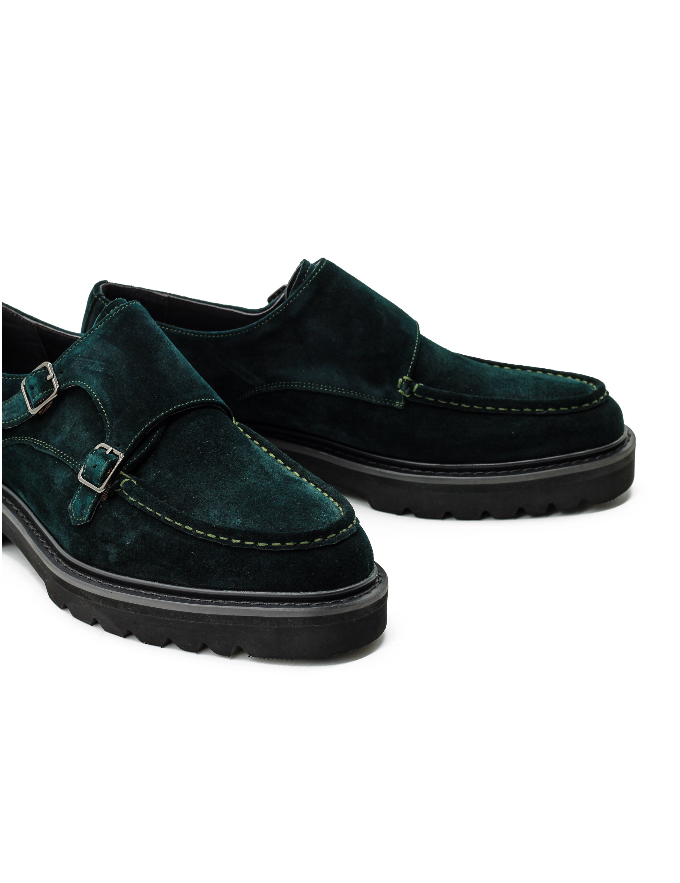 Double Buckle Green Suede Monk Shoes