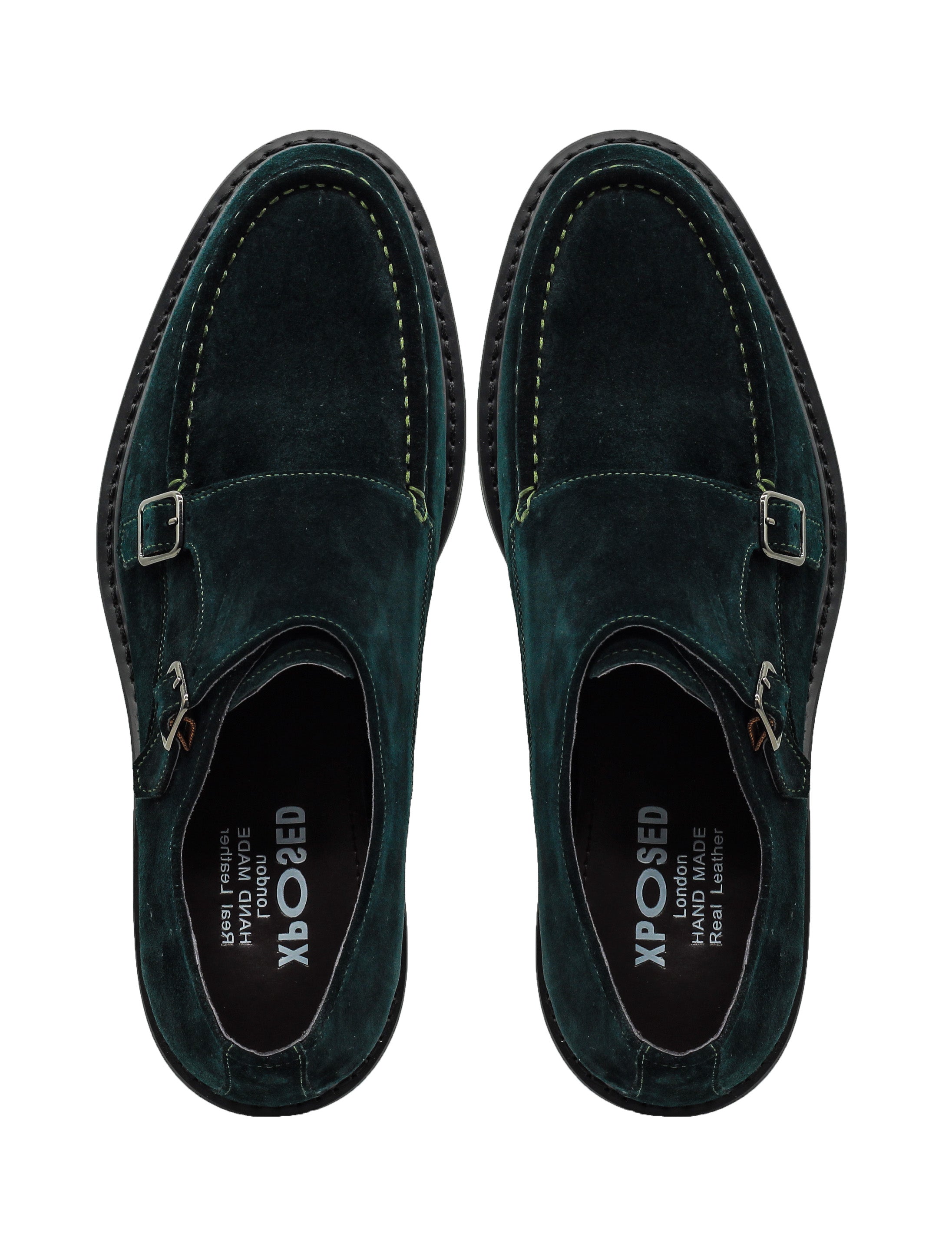 Double Buckle Green Suede Monk Shoes