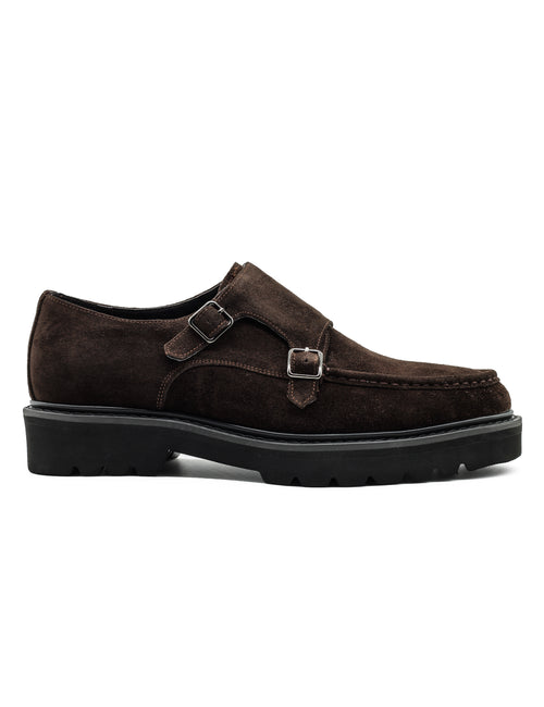 Double Buckle Suede Monk Shoes in Brown