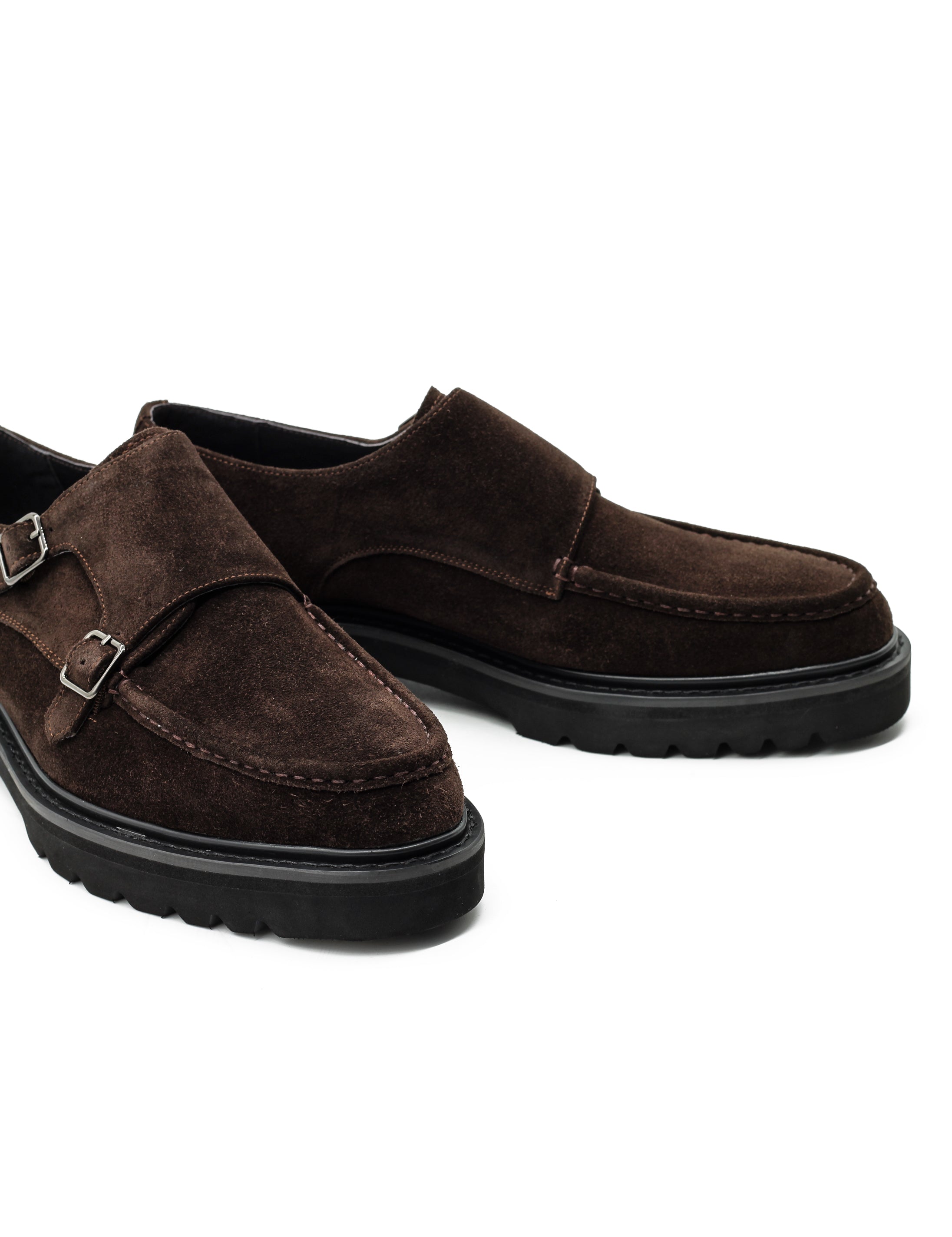 Double Buckle Suede Monk Shoes in Brown