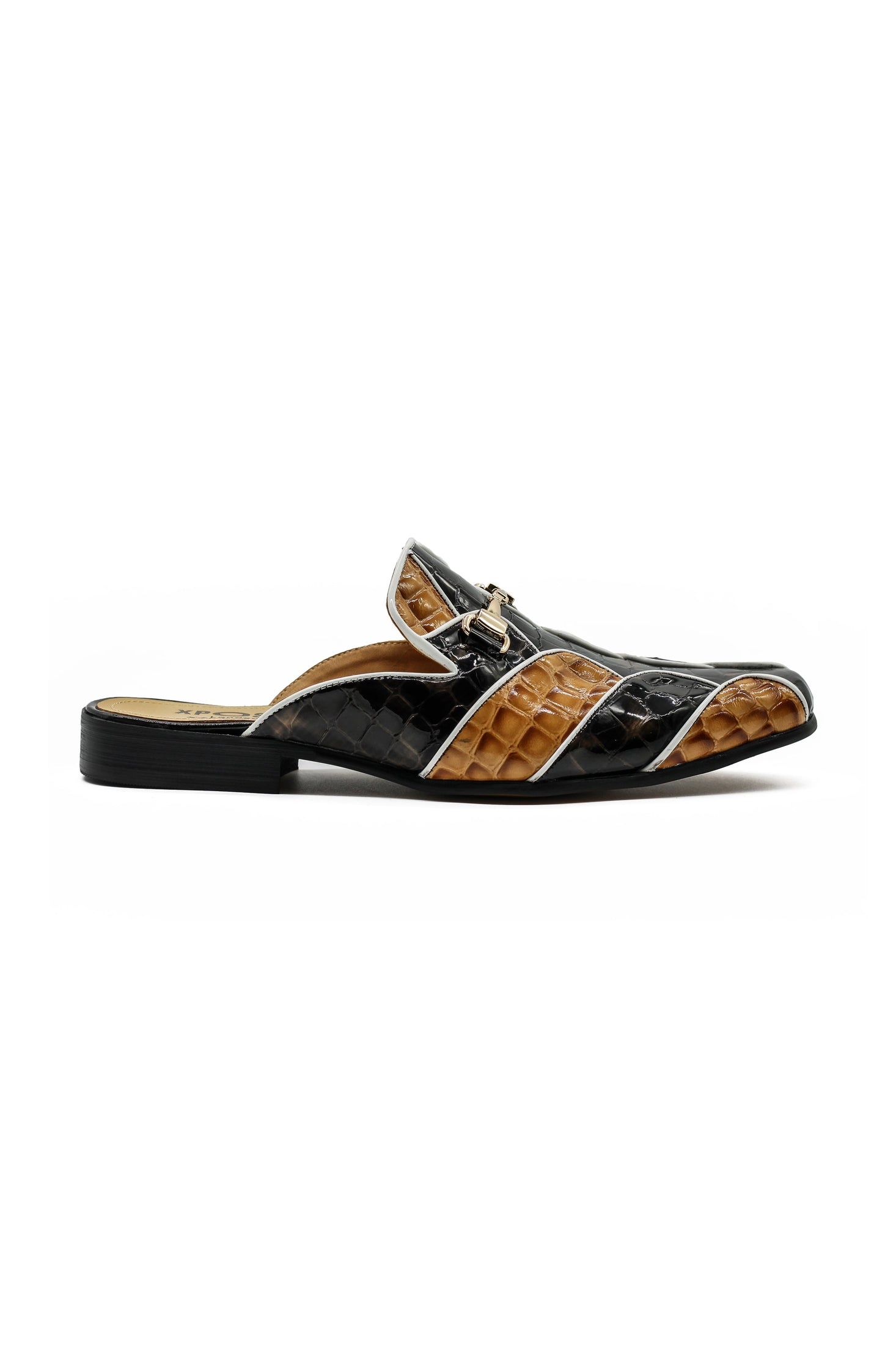 High Shine Real Leather Half Shoes Black Beige Printed