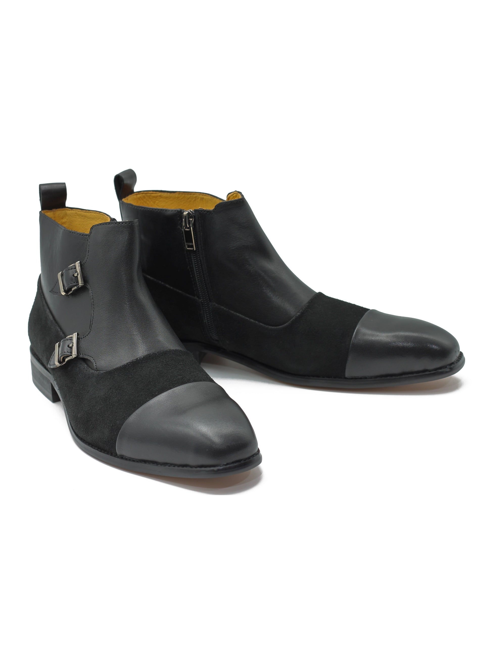 BLACK DOUBLE MONK LEATHER & SUEDE CHELSEA BOOTS