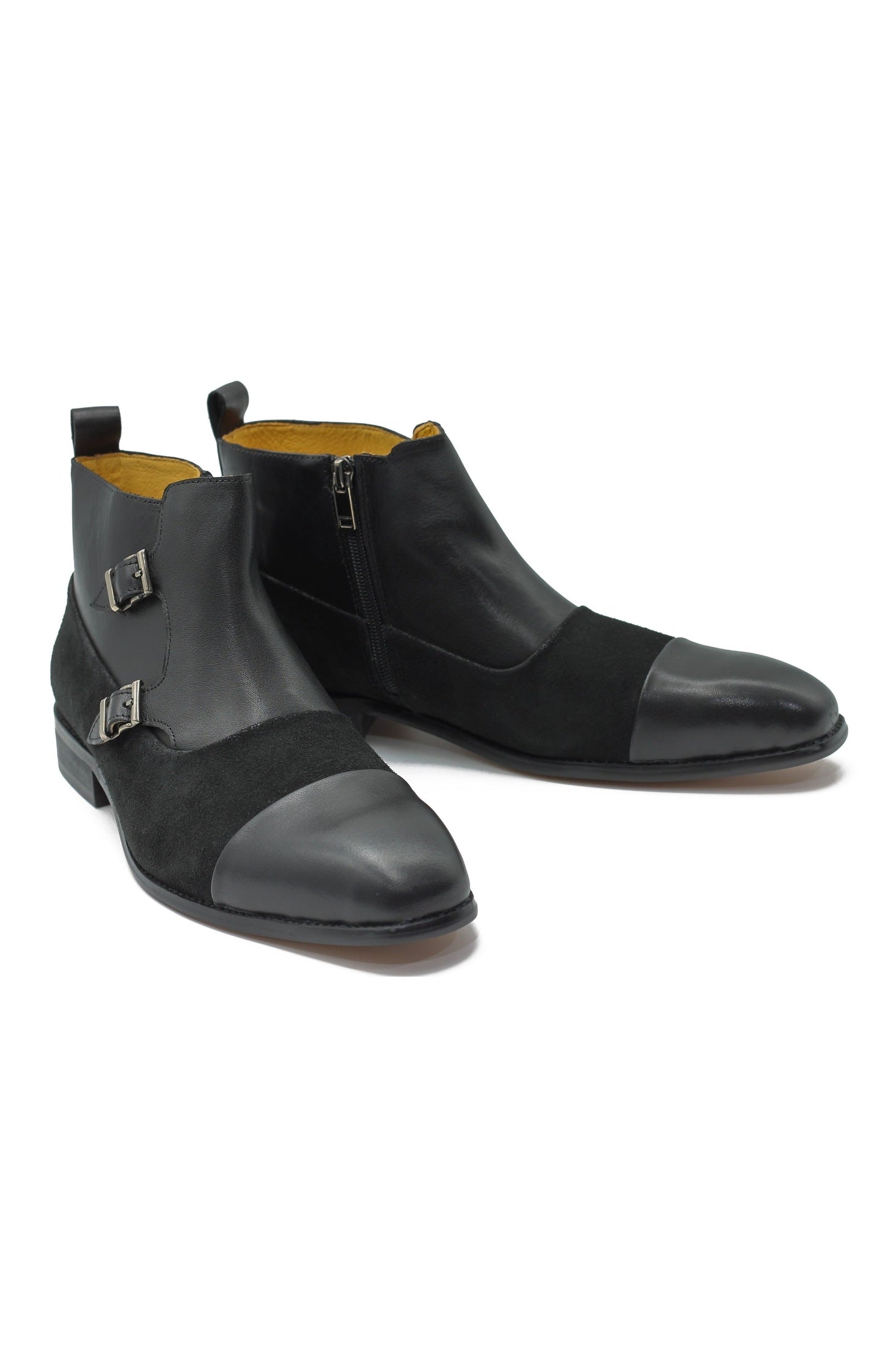 BLACK DOUBLE MONK LEATHER & SUEDE CHELSEA BOOTS