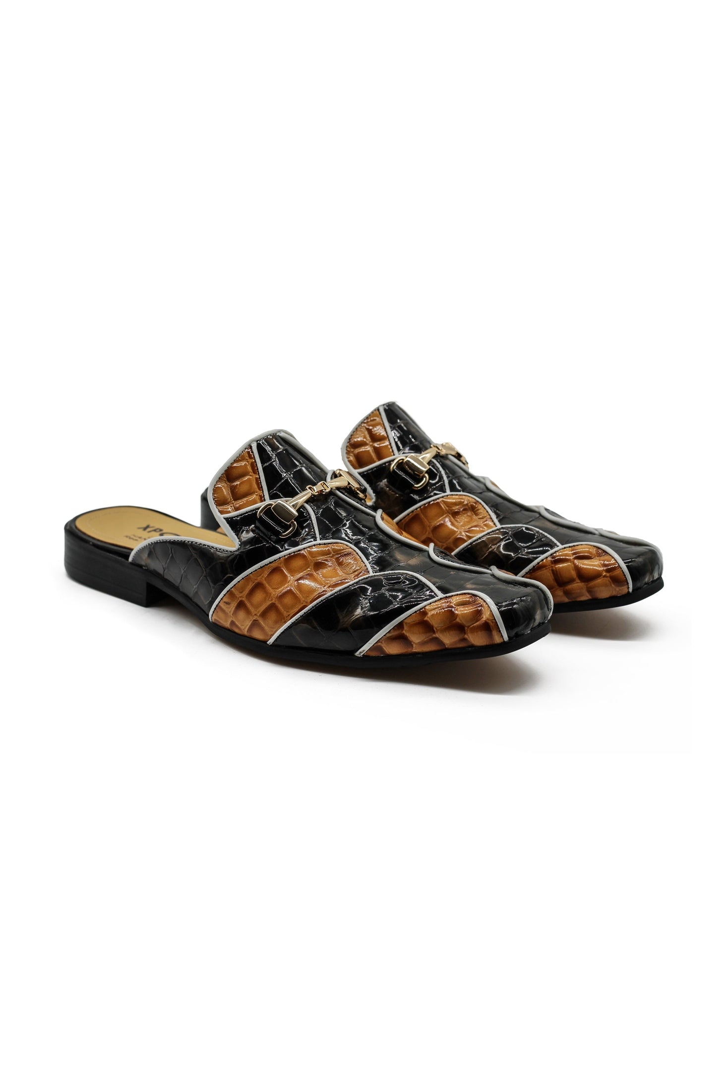 High Shine Real Leather Half Shoes Black Beige Printed