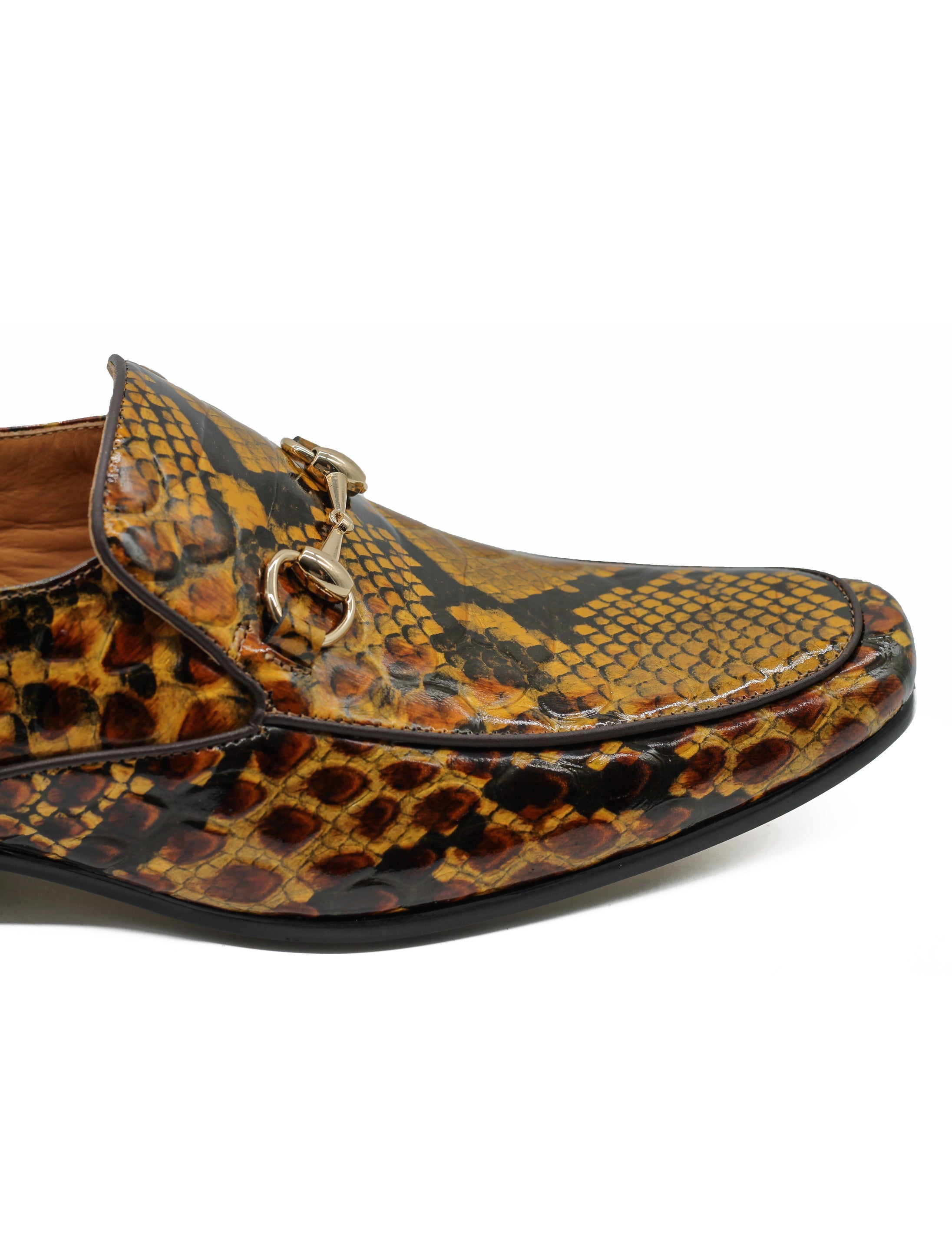 Glossy Real Leather Shoes Printed Gold Snaffle Bit Party Loafers