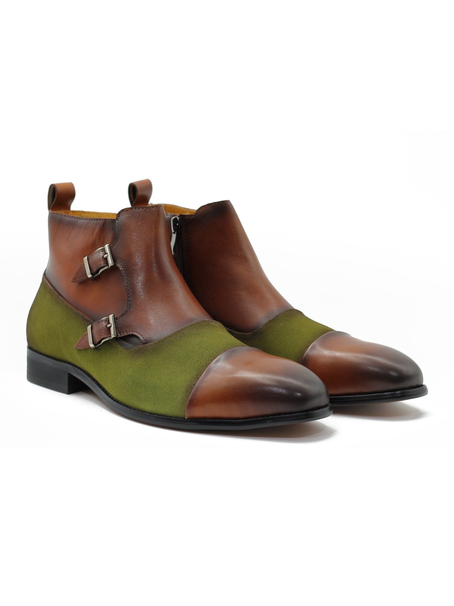 BROWN DOUBLE MONK LEATHER & SUEDE CHELSEA BOOTS