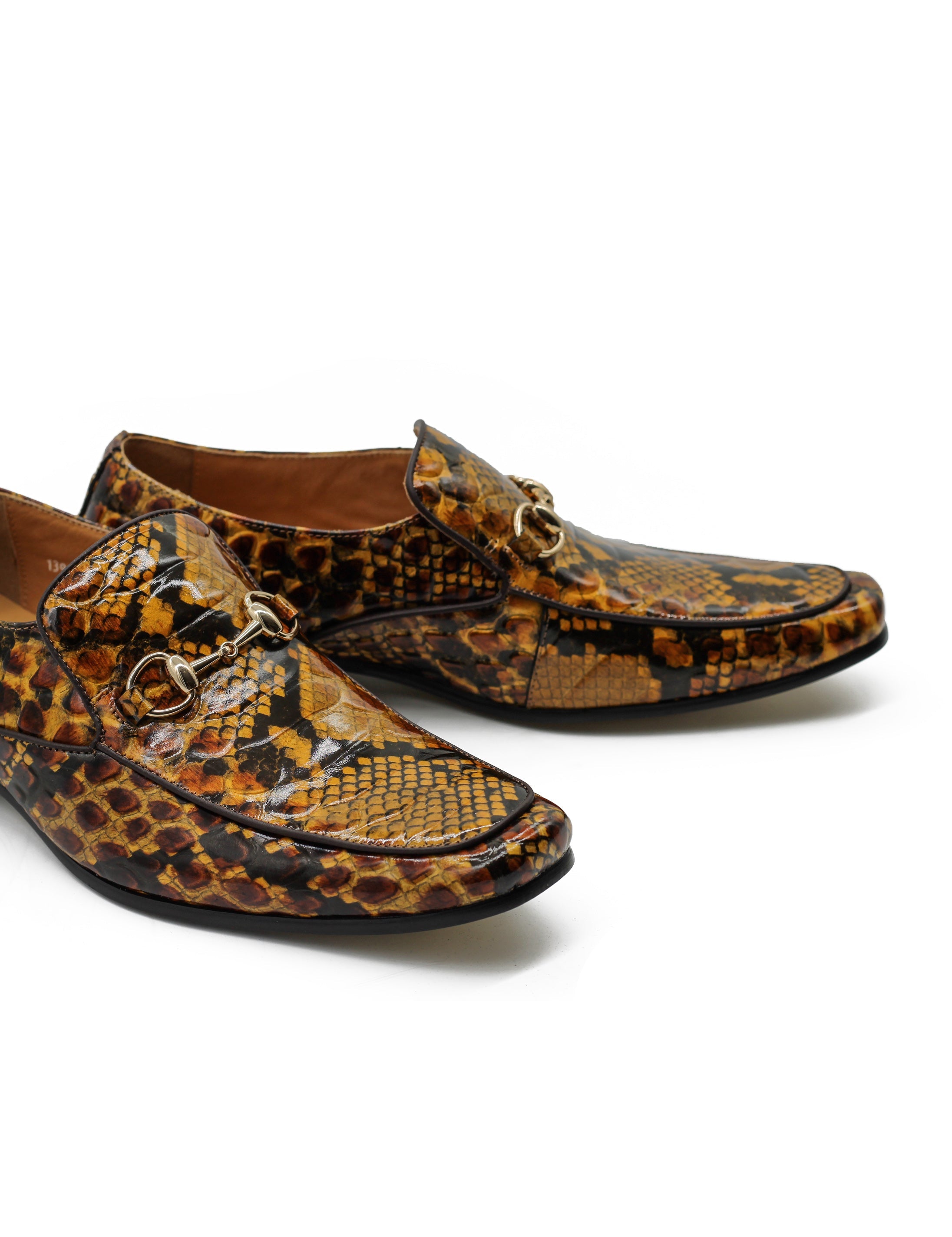 Glossy Real Leather Shoes Printed Gold Snaffle Bit Party Loafers