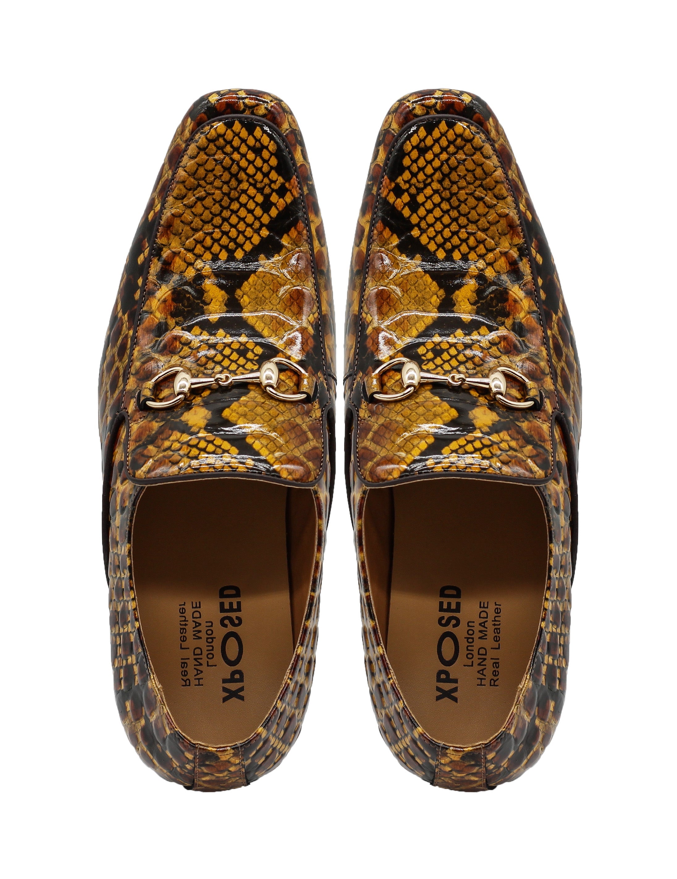 Glossy Real Leather Shoes Printed Gold Snaffle Bit Party Loafers