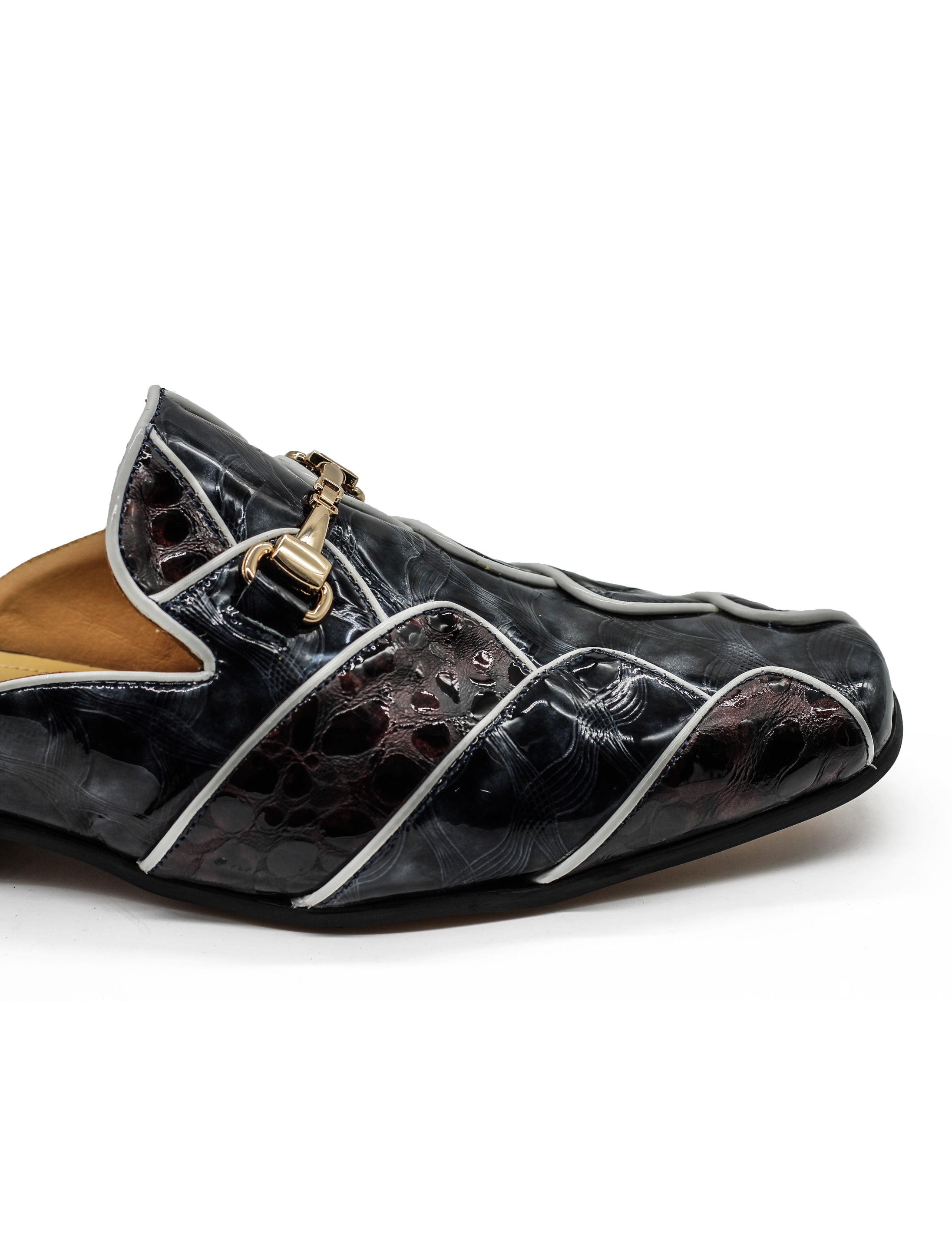 Shiny Black White Real Leather Half Shoes – Gold Buckle