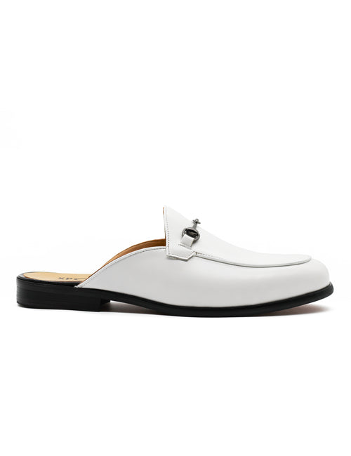 White Real Leather Snaffle Bit Half Shoes | Mules