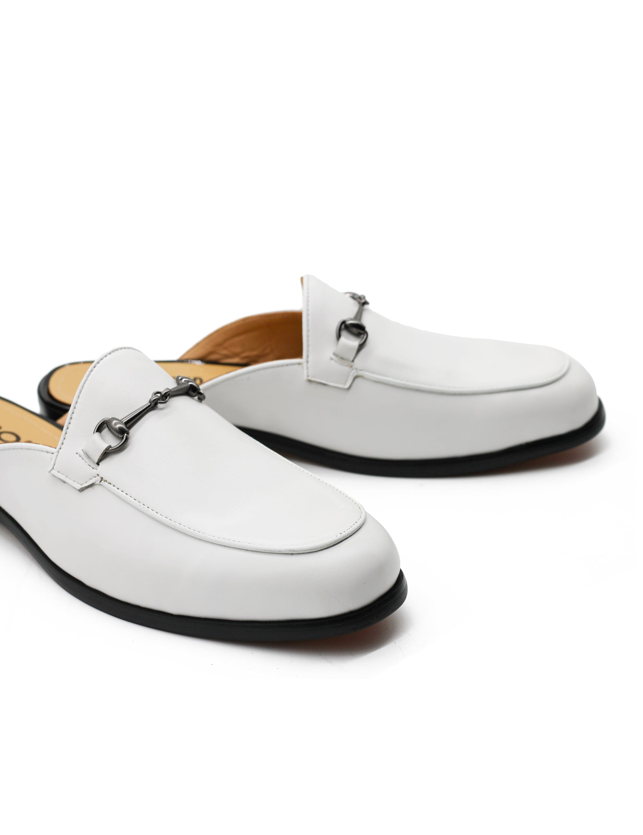 White Real Leather Snaffle Bit Half Shoes | Mules