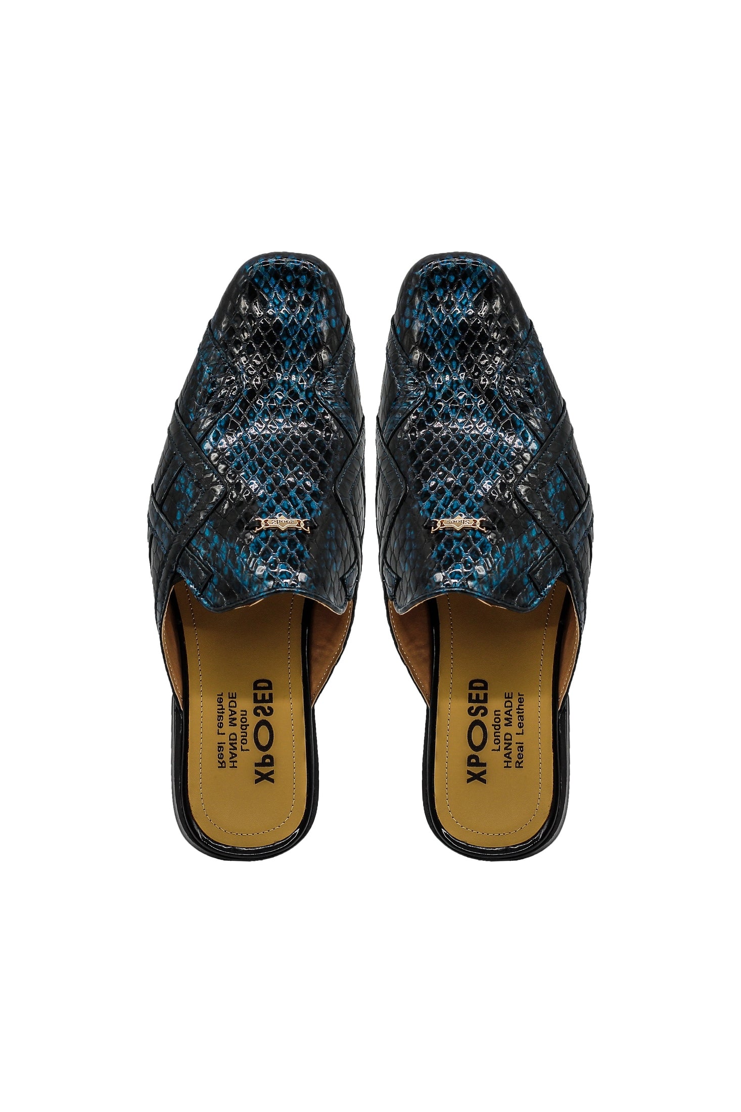 Shiny Patent Real Leather Printed Half Shoes in Blue
