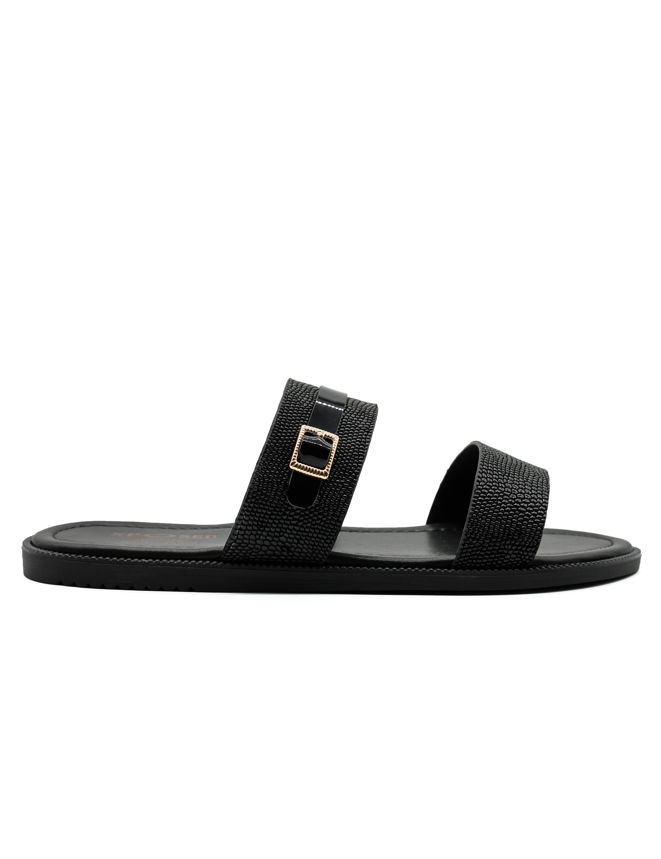 Black Shiny Real Leather Strap Sandals