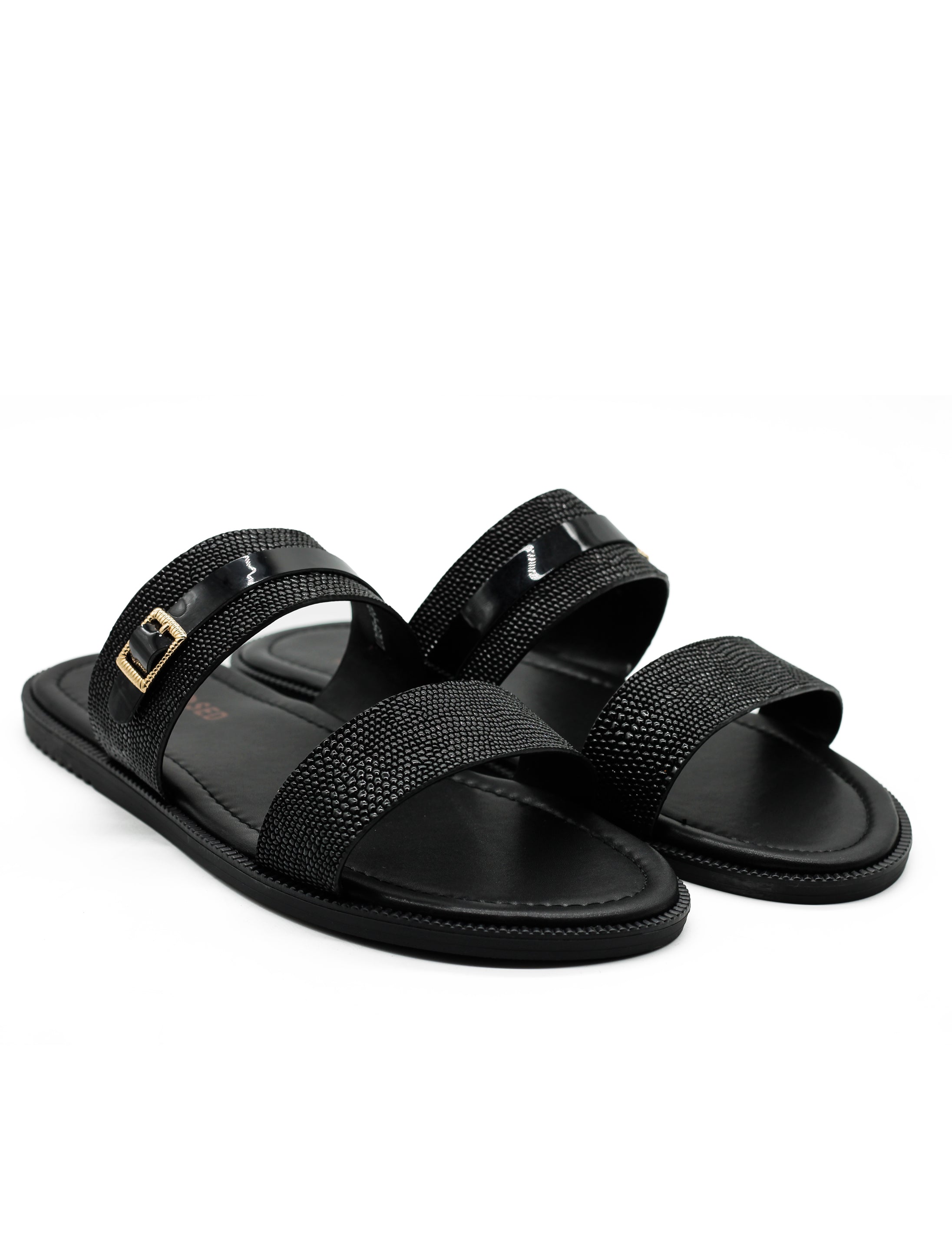 Black Shiny Real Leather Strap Sandals