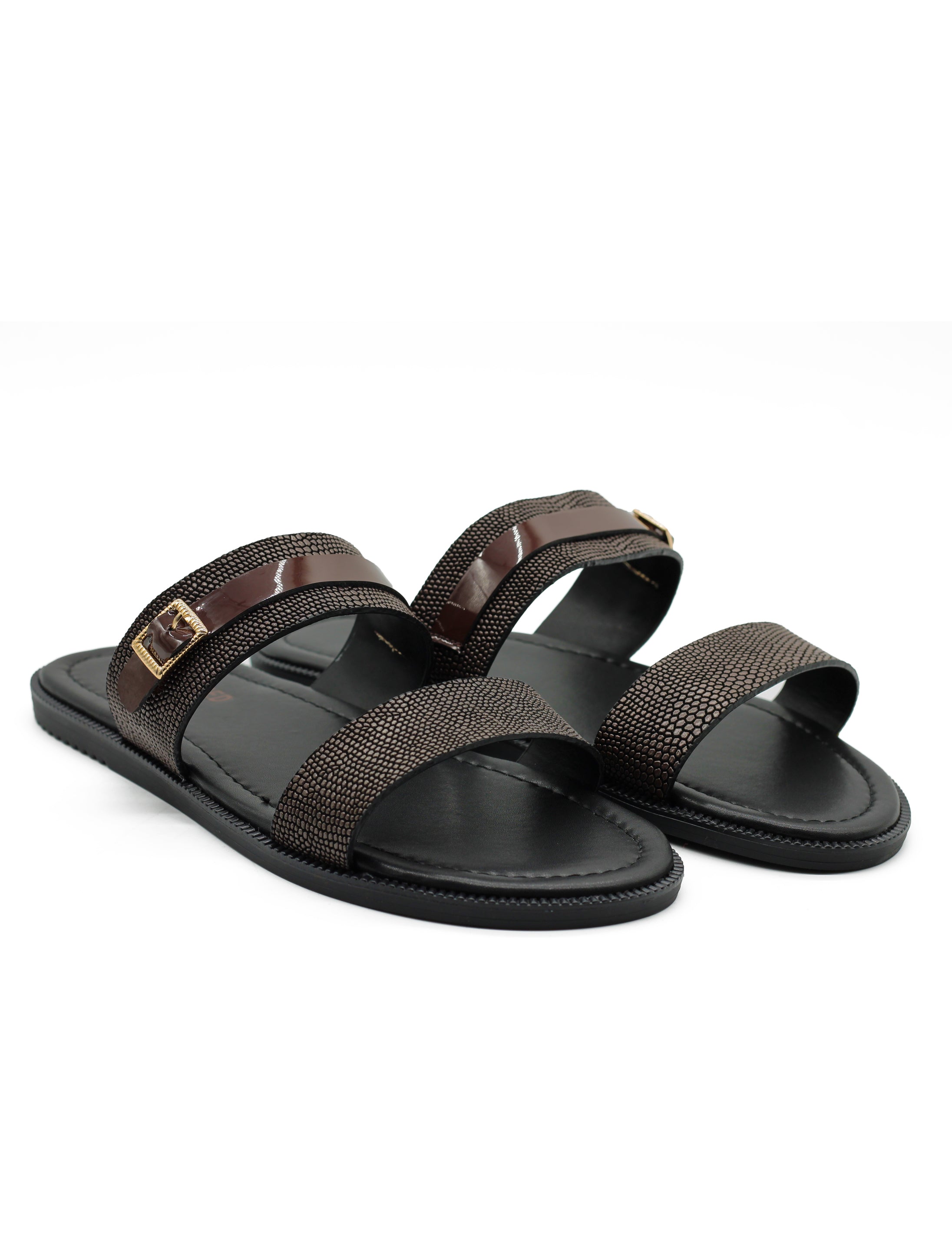 Brown Shiny Real Leather Strap Sandals