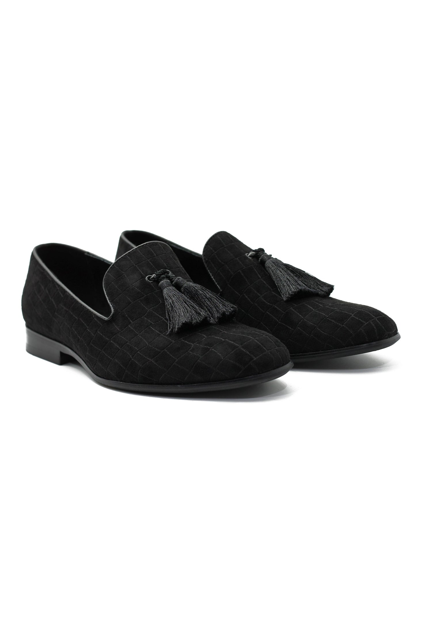 BLACK PRINTED SUEDE TASSEL LOAFERS