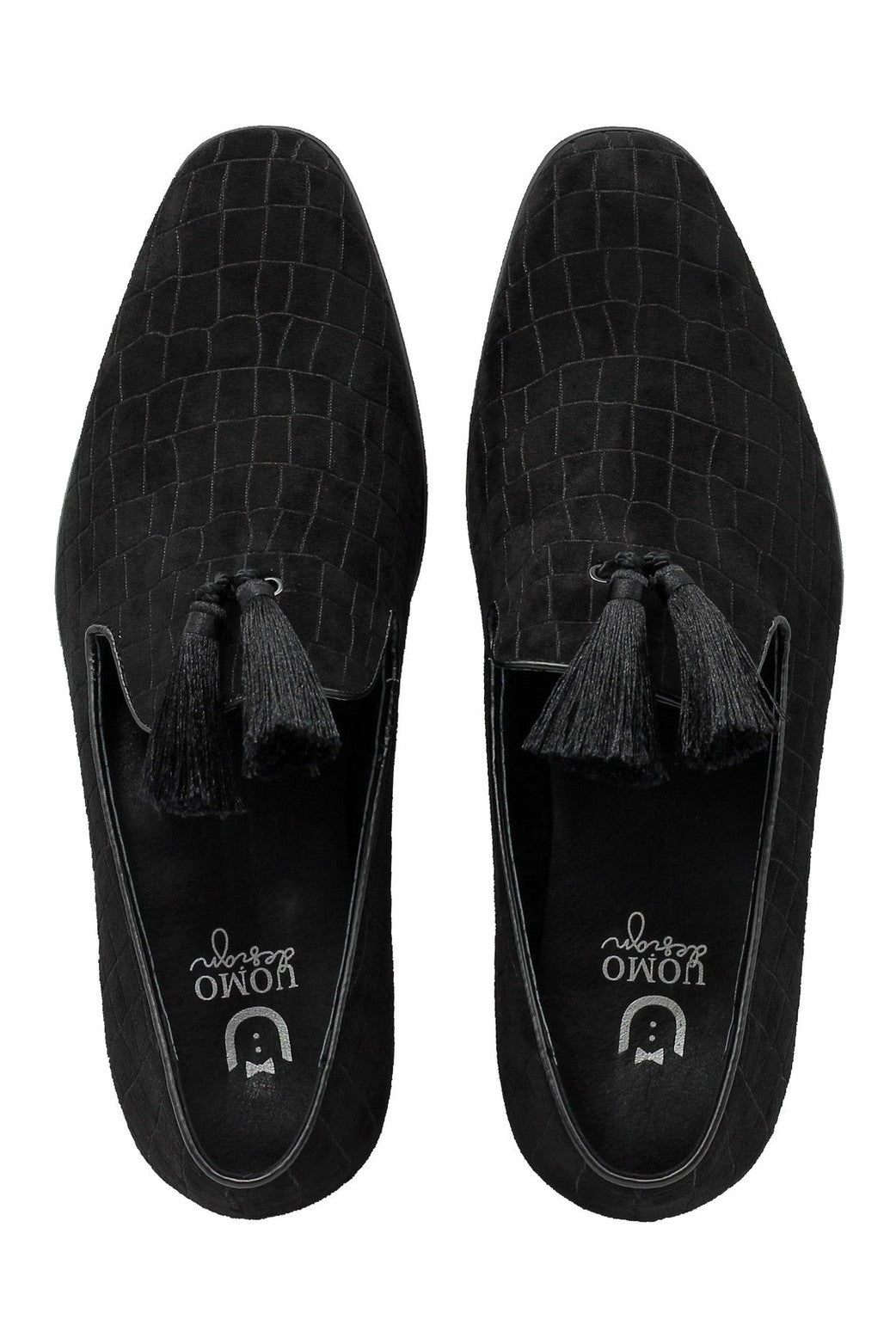 BLACK PRINTED SUEDE TASSEL LOAFERS