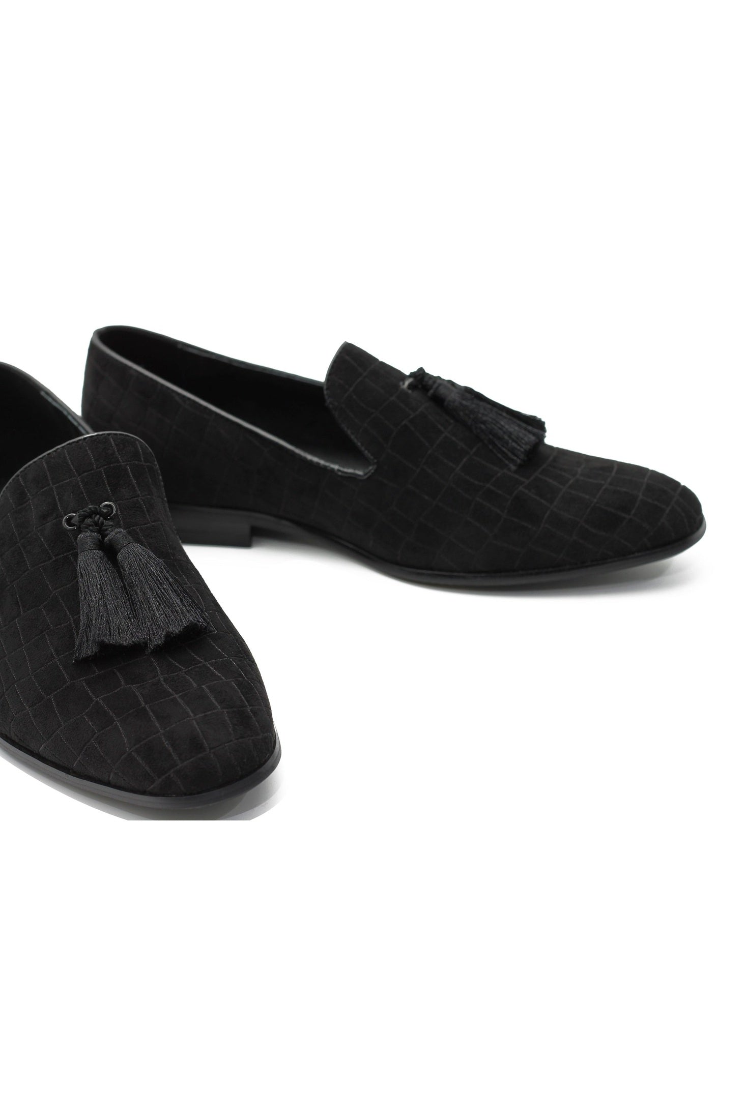 BLACK PRINTED SUEDE TASSEL LOAFERS