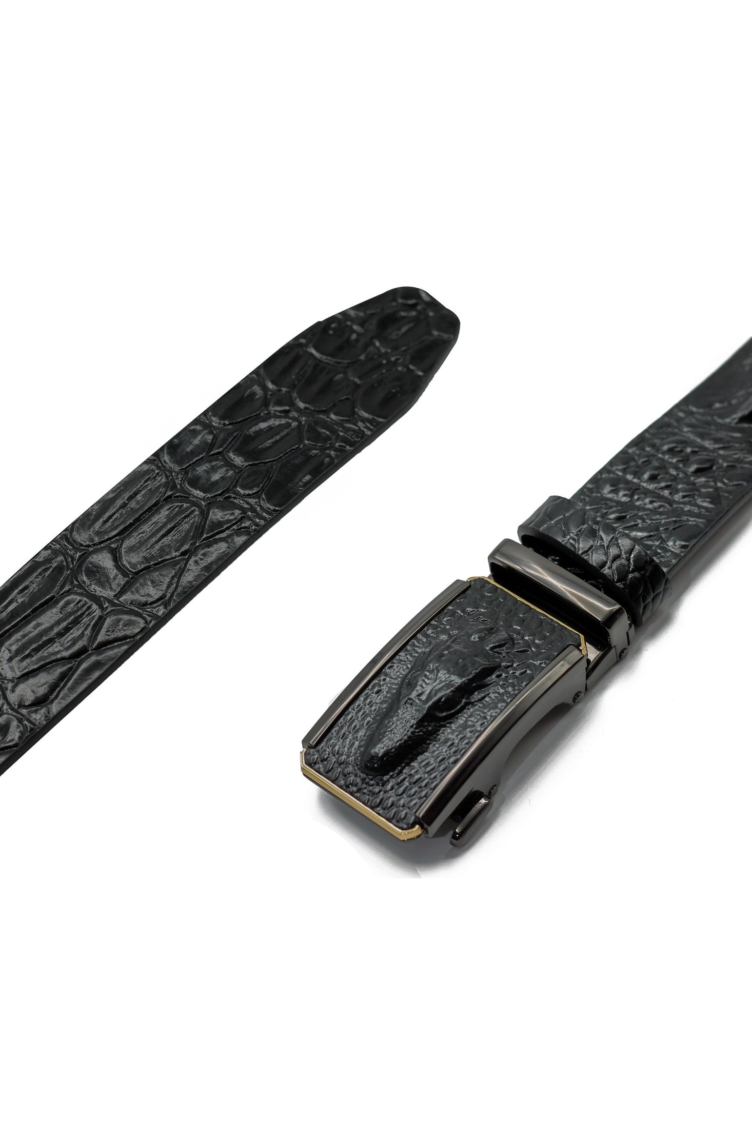 BLACK CROC PRINT LEATHER AUTO LOCK BELT