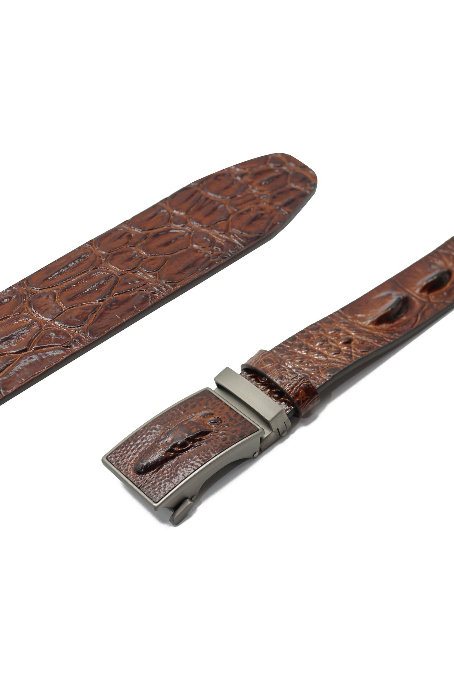 TAN CROC PRINT LEATHER AUTO LOCK BELT